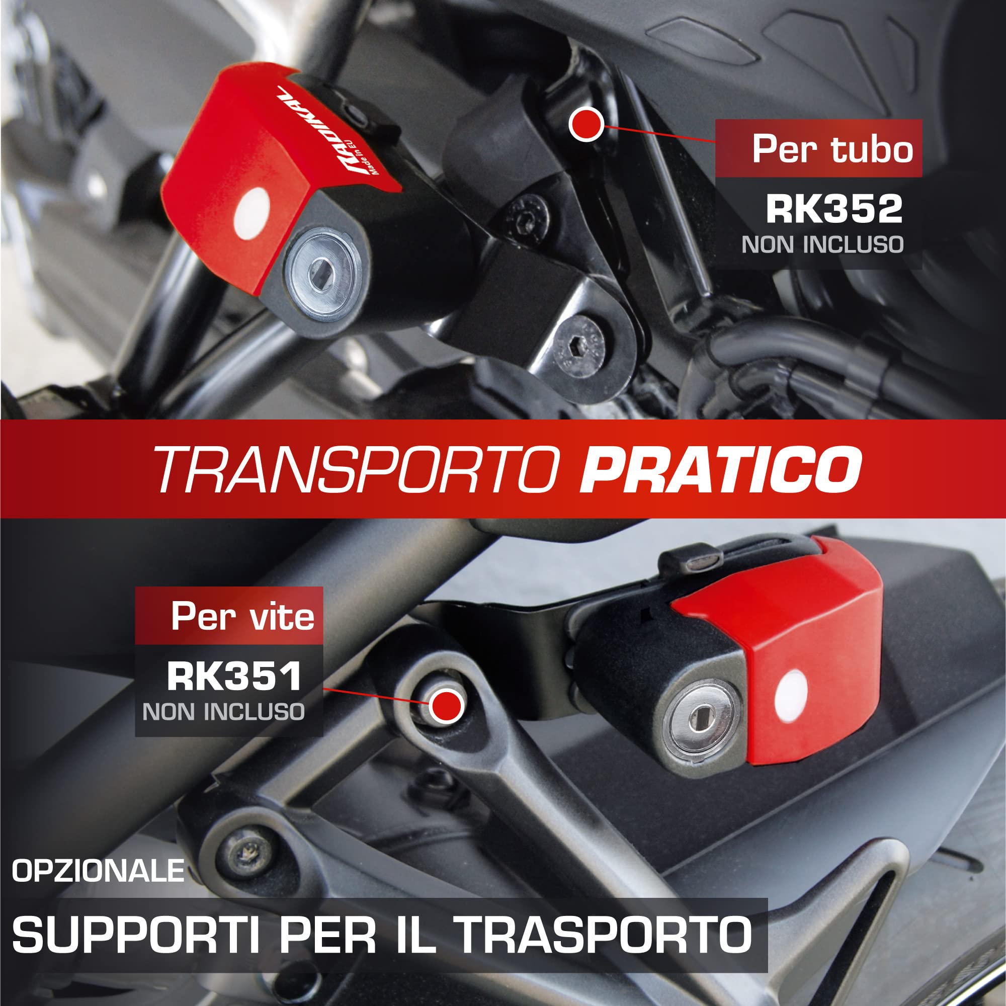 RADIKAL RK6 Bloccadisco Moto Allarme Hi-Tech 120db ON/OFF, Led Warning, Sensibilità A+, Sostituibile, Impermeabile, Batteria CR2 lunga durata, Lucchetto Moto Antifurto Sonoro Universale bici elettrica