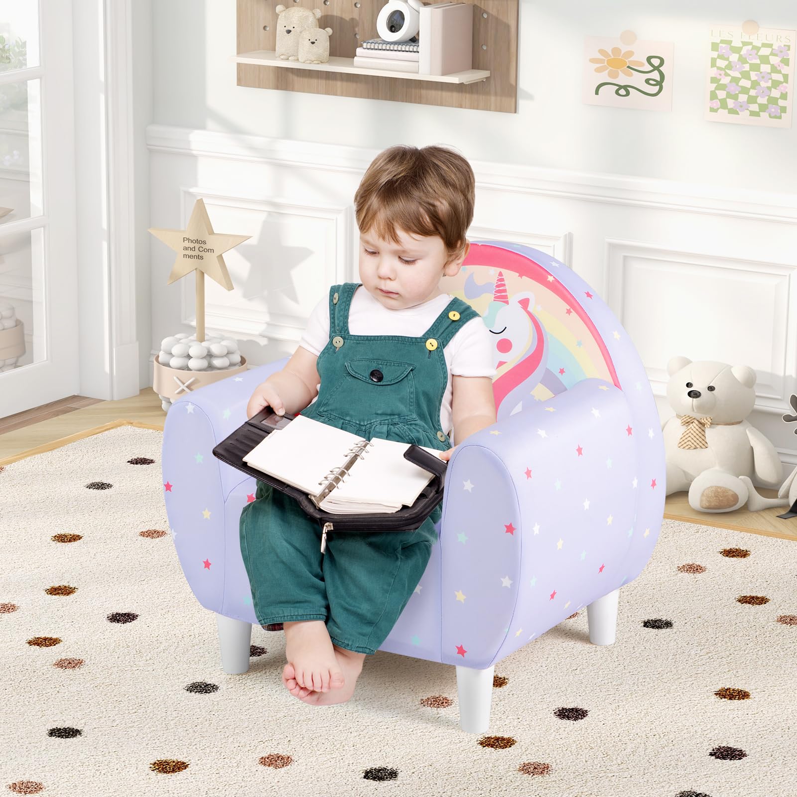GOPLUS Sofa dziecięca Unicorn, fotel dziecięcy z oddychającym materiałem i gęstą pianką, tapicerowana sofa do zabawy, dla chłopców i dziewczynek od 3 lat, obciążenie 50 kg, 55 x 41 x 54 cm (fioletowa)