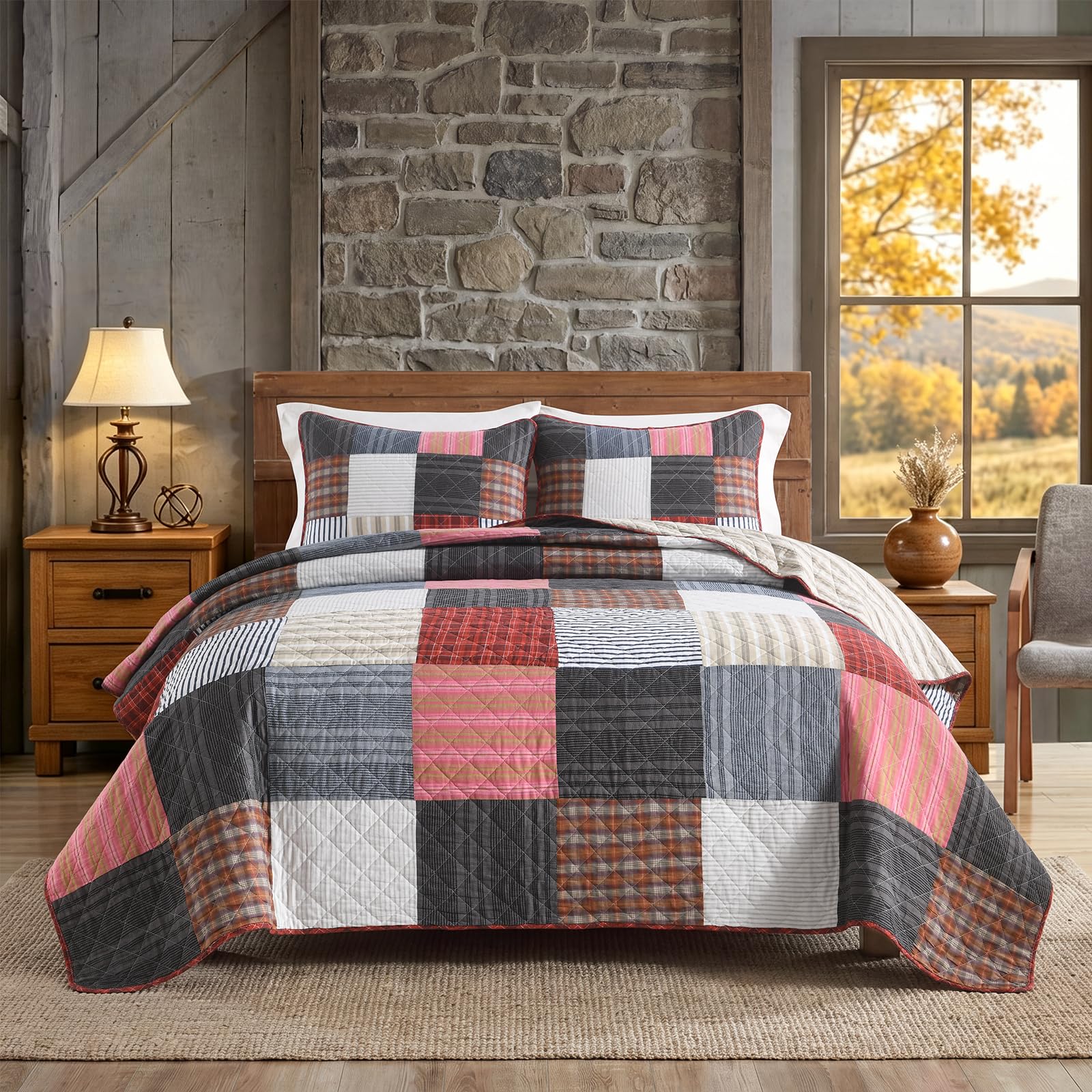 NEWLAKE Quilt Set Queen Size, Bedspread Sets Rustic Red Plaid, Quilt Bedding Set Lightweight and Breathable for All Seasons, Soft Quilted Bedspread with 2 Pillow Shams