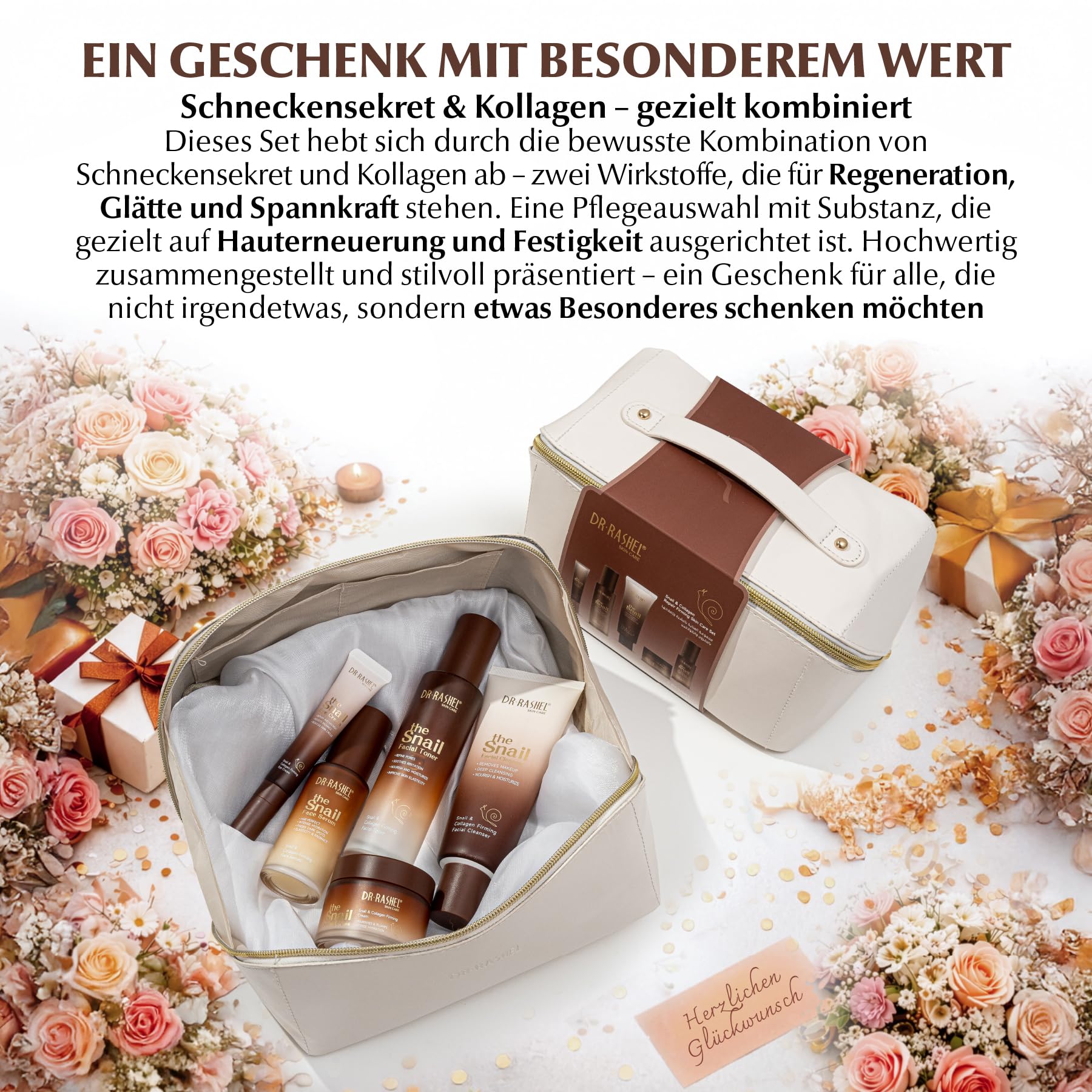Gesichtspflege Set mit Snail Mucin & Kollagen - Gesicht Serum, Augencreme, Gesichtscreme, Gesichtsreinigung & Toner Schneckenschleim - Regenerierende Pflege, glattere Haut, Skincare, Geschenkset Damen