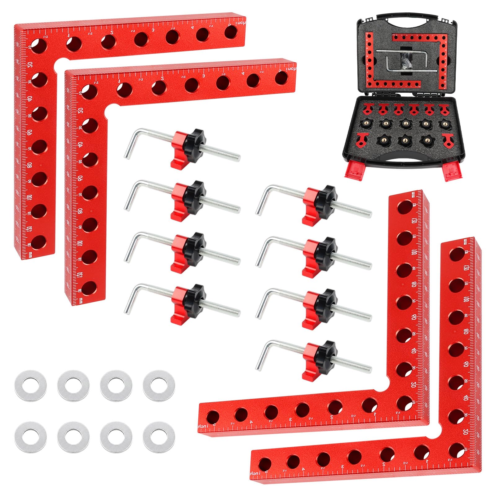 Szczypce kątowe 90 stopni, zestaw 4 aluminiowych zacisków kątowych, 140 mm / 5,5 cala, prasa narożna, kątowniki pozycyjne, narzędzia do mebli, ram, DIY, czerwony