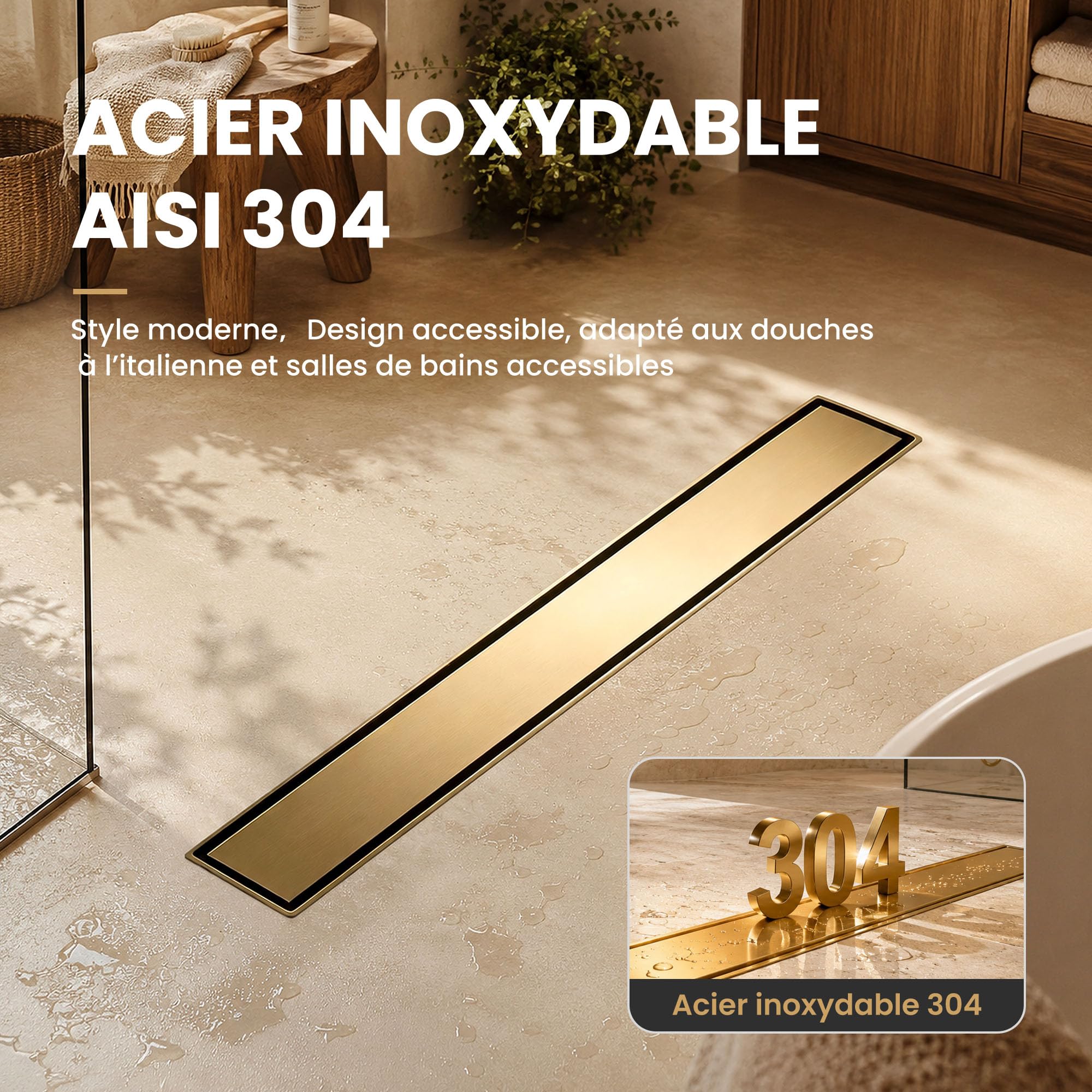 Caniveau Douche Italienne Doré 50 cm | Carrelable avec 360°Siphon Anti-Odeurs, Filtre à Cheveux et Design Sans Seuil pour Douche Italienne,Acier Inoxydable AISI 304