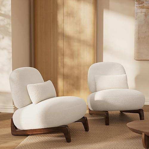 Miniatura 9 de Morden Fort Silla Accent Cloud Boucle con respaldo inclinable, moderna silla de patas de madera sin brazos con cojín grueso para sala de estar,