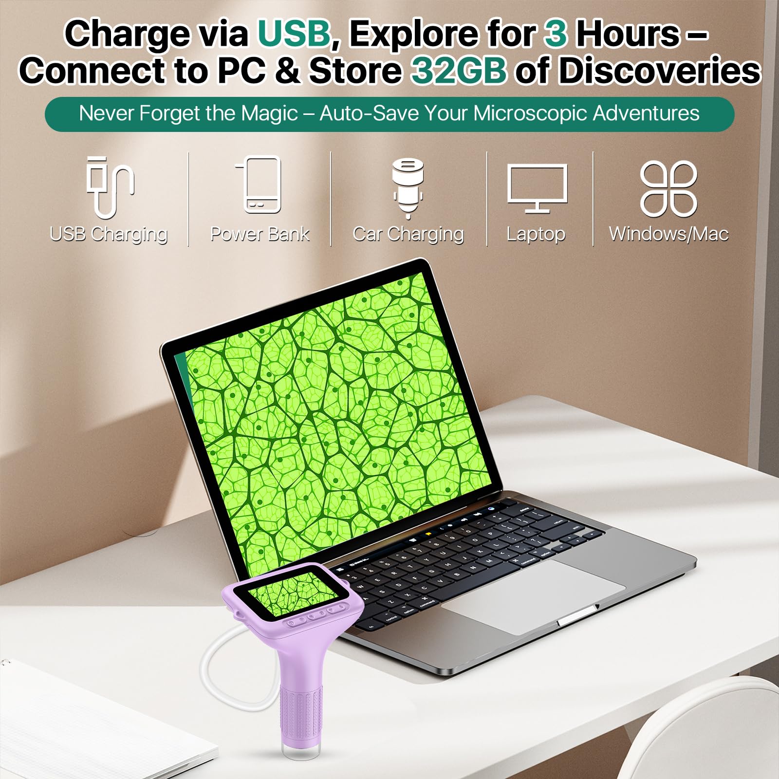Microscope Enfant Numérique de Poche Portable: 3.0" Grand Écran 1000X 32GB Microscope Rechargeable Kit de Lames Biologiques Loupe Cadeau Scientifique pour Enfants Violet