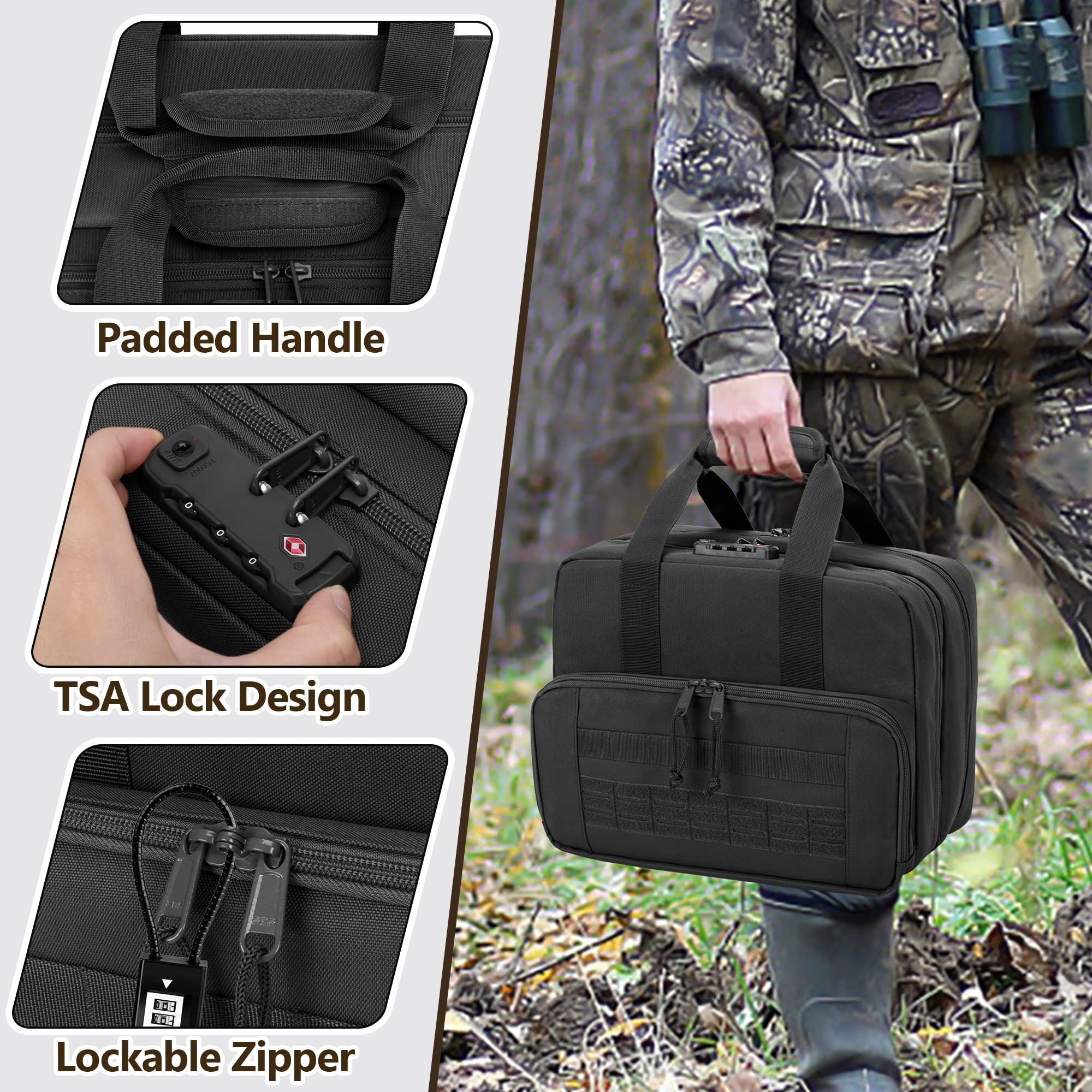 GOBUROS Gun Tactical Range Bag für 4 Handfeuerwaffen und Munition, Duffle Pistolentasche mit TSA-Schloss und 14x Magazinfächern für den Jagd-Schießstand-Sport