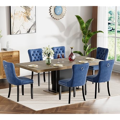 Henf 63"-79" Dining Table Set for 6, 7 Pieces Extendable Dining Table and 6 Blue Tufted Chairs Set for 6, Modern Large Expandable Dining Room Table with Rectangle Wood Top & Black Sturdy Base