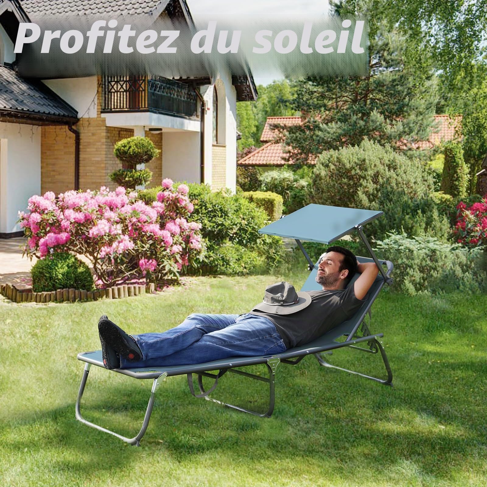 Homecall Chaise longue avec pare-soleil intégré et mousse à séchage rapide, format XXL, 200 x 70 cm (Bleu)