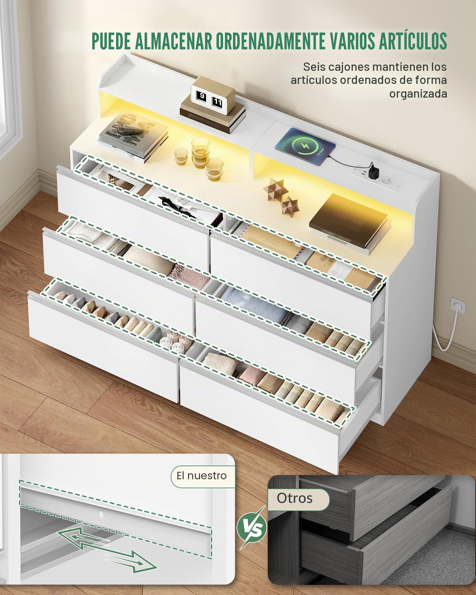 Hzuaner Cómoda Equipada con LED y Regleta de eEnchufes, 6 cajones, Cómoda para Dormitorio, Mueble Almacenaje con Cajones para Dormitorio, Armario, Pasillo, Salón 40 x 140 x 95 cm Blanco 1214003XEU