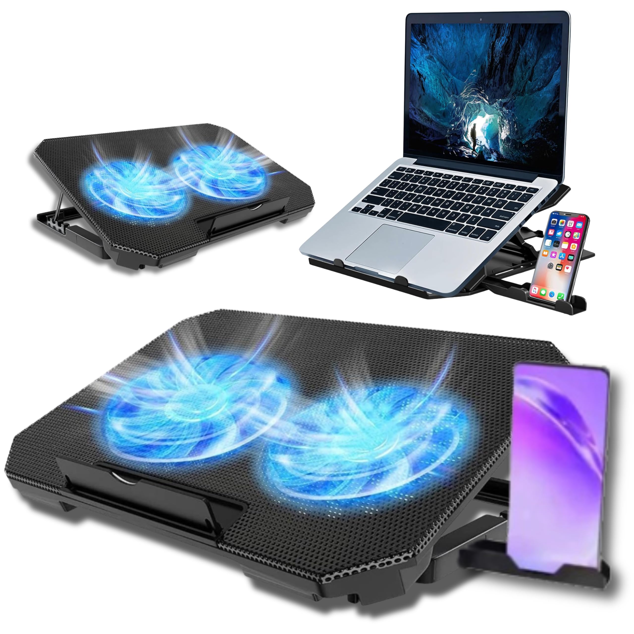 Suporte para Notebook até 17" • Duplo Cooler Refrigerado • MTS • Ergonômico • Cooler 14cm