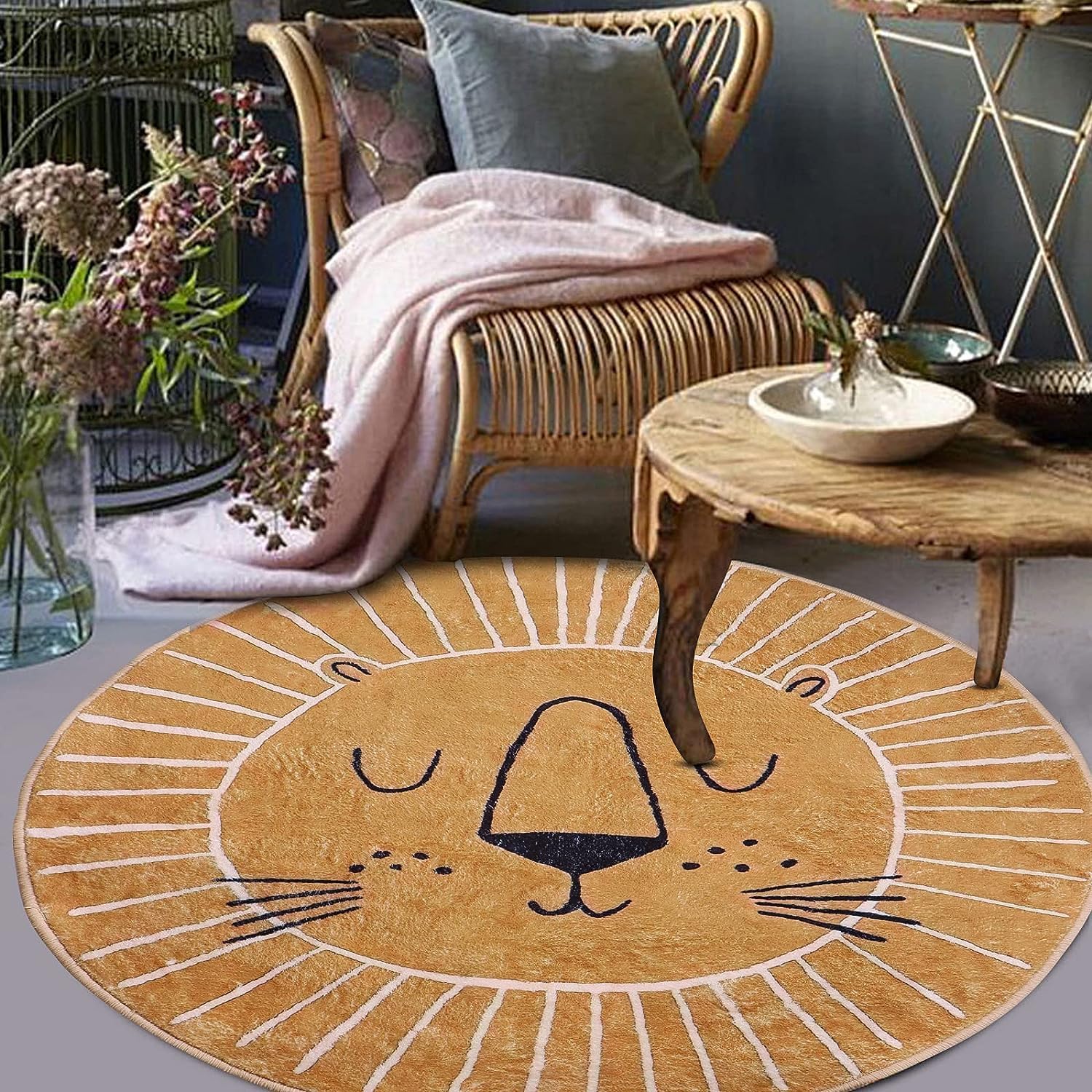 Tapis Rond Marron et Jaune, Motif tête de Lion, Tapis pour Enfant, Dessous antidérapant, Lavable, Tapis de Jeu intérieur et extérieur (120x120cm)