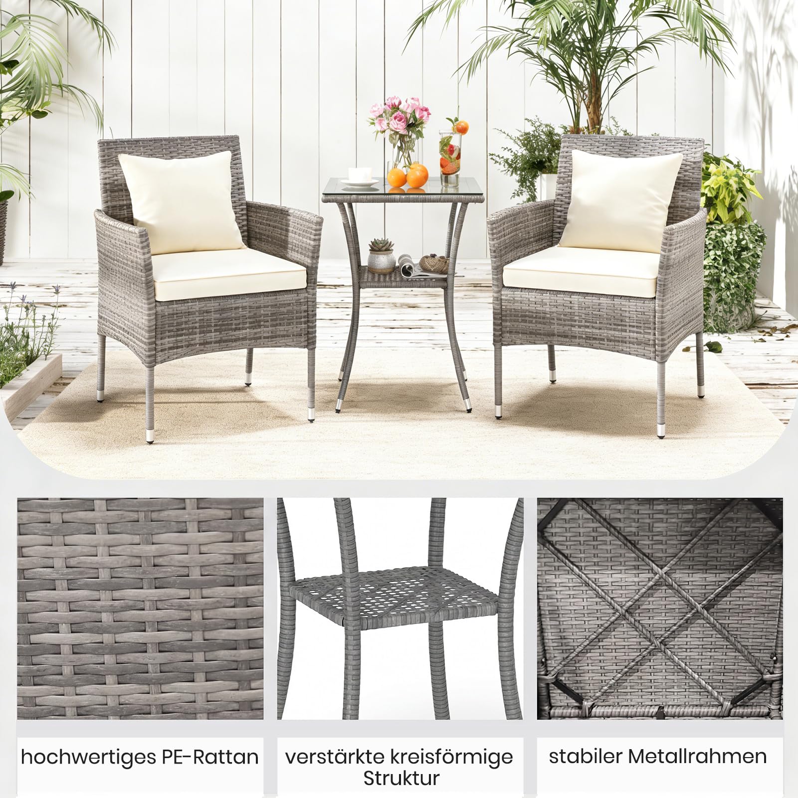 GIANTEX Set Mobili da Balcone 3 Pezzi, Tavolo e 2 Sedie in Rattan con Cuscini