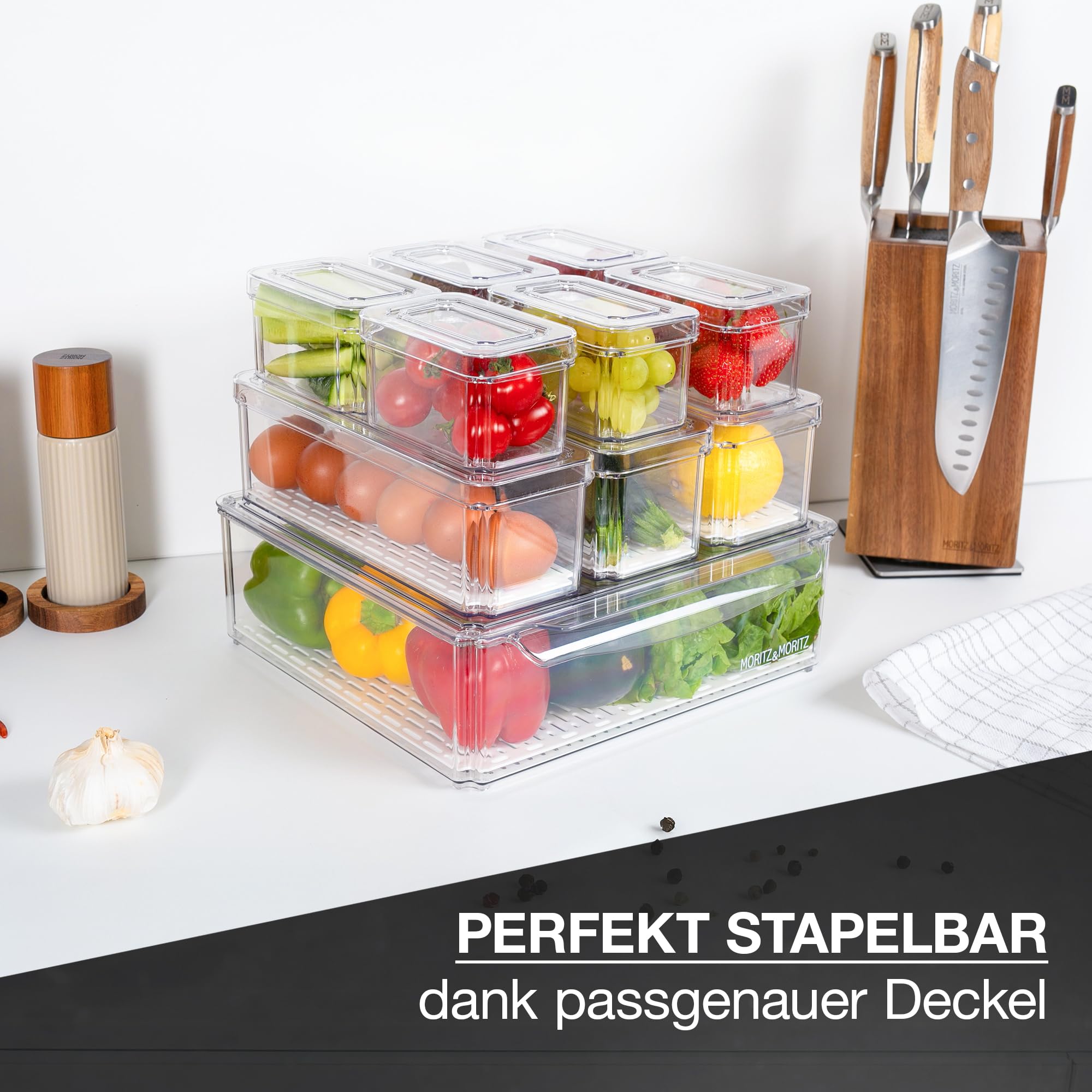 Moritz & Moritz 10er Pack Kühlschrank Organizer Set mit Deckel - Kühlschrank Boxen Stapelbar - Kühlschrankboxen Transparent - Robust - Aufbewahrungsboxen für Küche Vorratsschrank Schublade