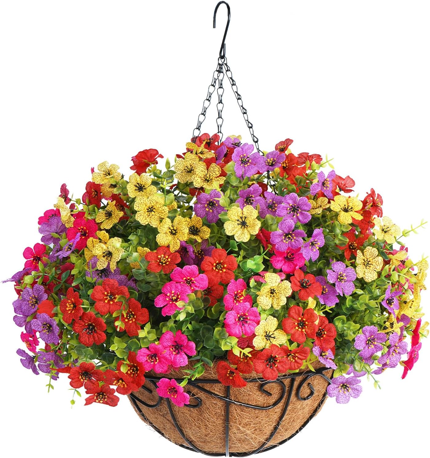 Artificial Hanging Flowers Basket for Outdoors,Fake Faux Hanging Plants Flowers Basket Realistic Spring Summer Outside Decor for Front Porch Garden Balcony (Mix Red Purple Yellow Hot Pink)