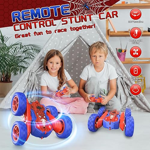 Miniatura 6 de Spider - Auto de control remoto para niños, auto de acrobacias con rociador ligero, autos RC recargables de doble cara, conducción giratoria de 360,