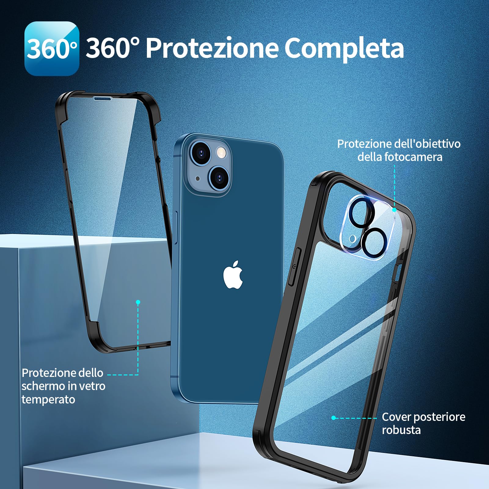 seacosmo Cover per iPhone 13, 9H HD Protezione dello Schermo in Vetro Integrata e Pellicola Fotocamera 360 Gradi Antiurto Case, Rugged Fronte Retro Custodia per iPhone 13, Nero