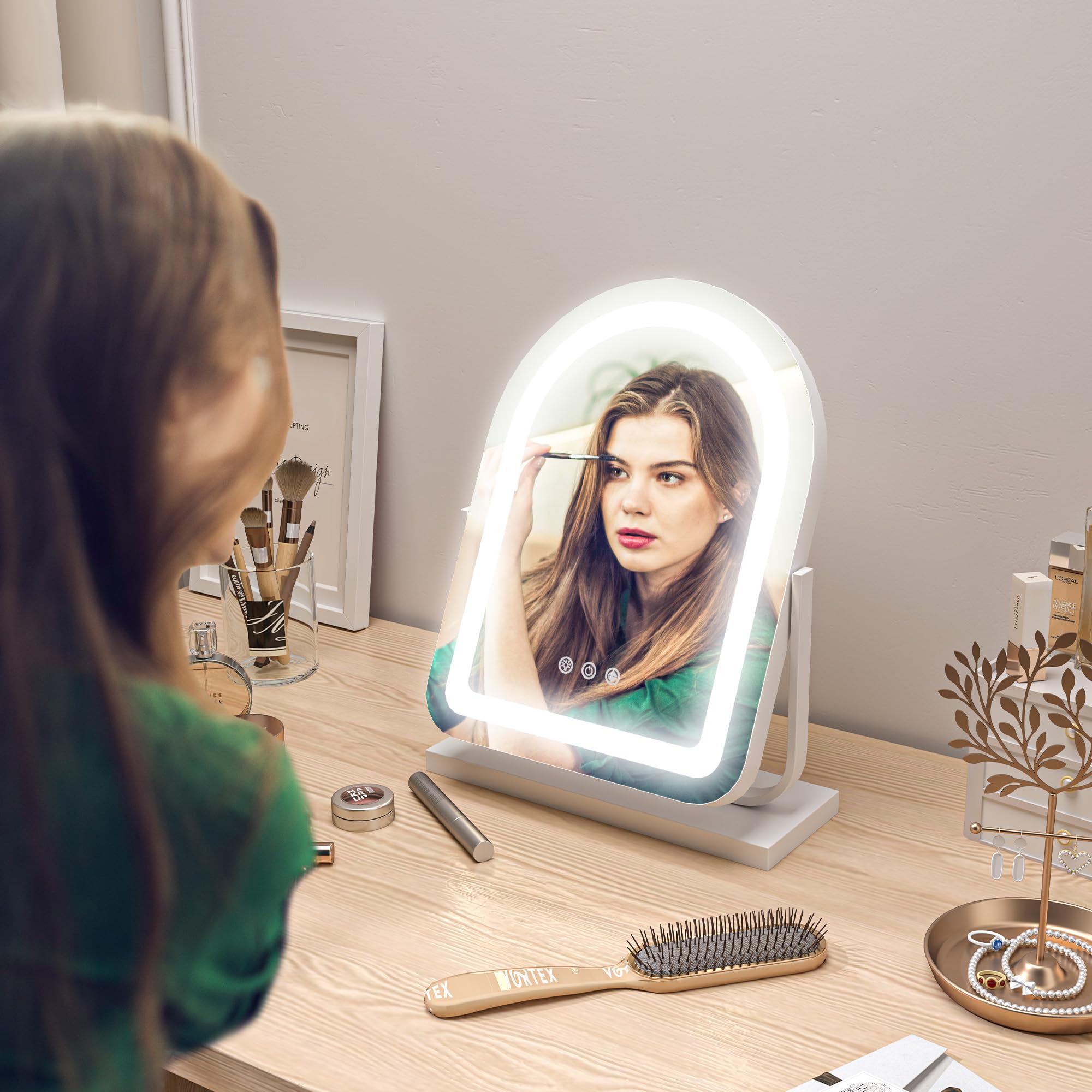 HOMCOM Espejo Maquillaje con Luz LED Espejo Tocador Giratorio con 3 Modos de Iluminación Ajustables Interruptor Táctil Rotación Regulable de 360° y Función de Memoria Blanco