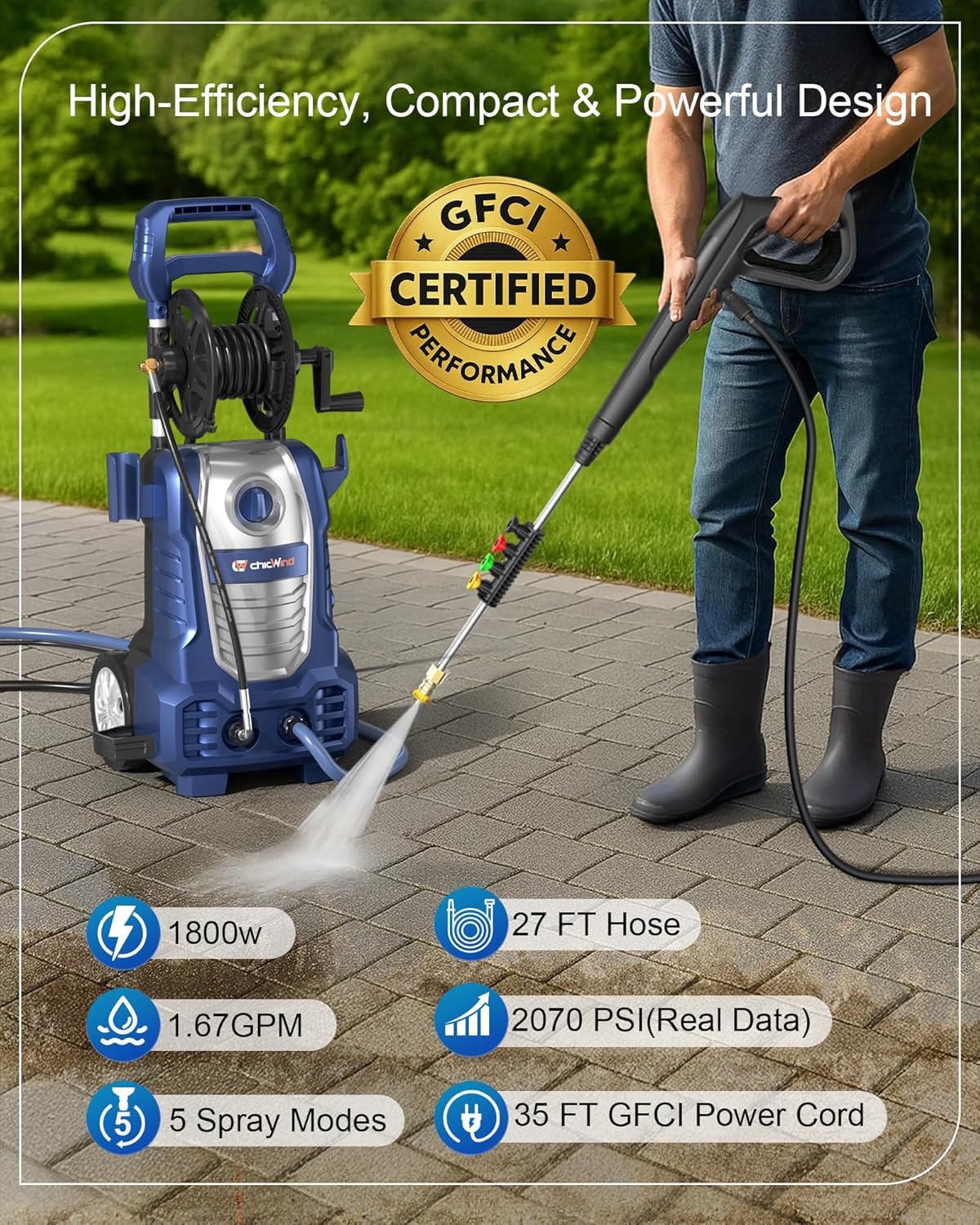 ChicWind 1800W Outdoor Cleaner Washer with 5Nozzles Set&Foam Cannon,27ft Hose,Adjustable Handle,Power Washer for Driveways,Cars,Fences,Decks,Patios&Outdoor Cleaning