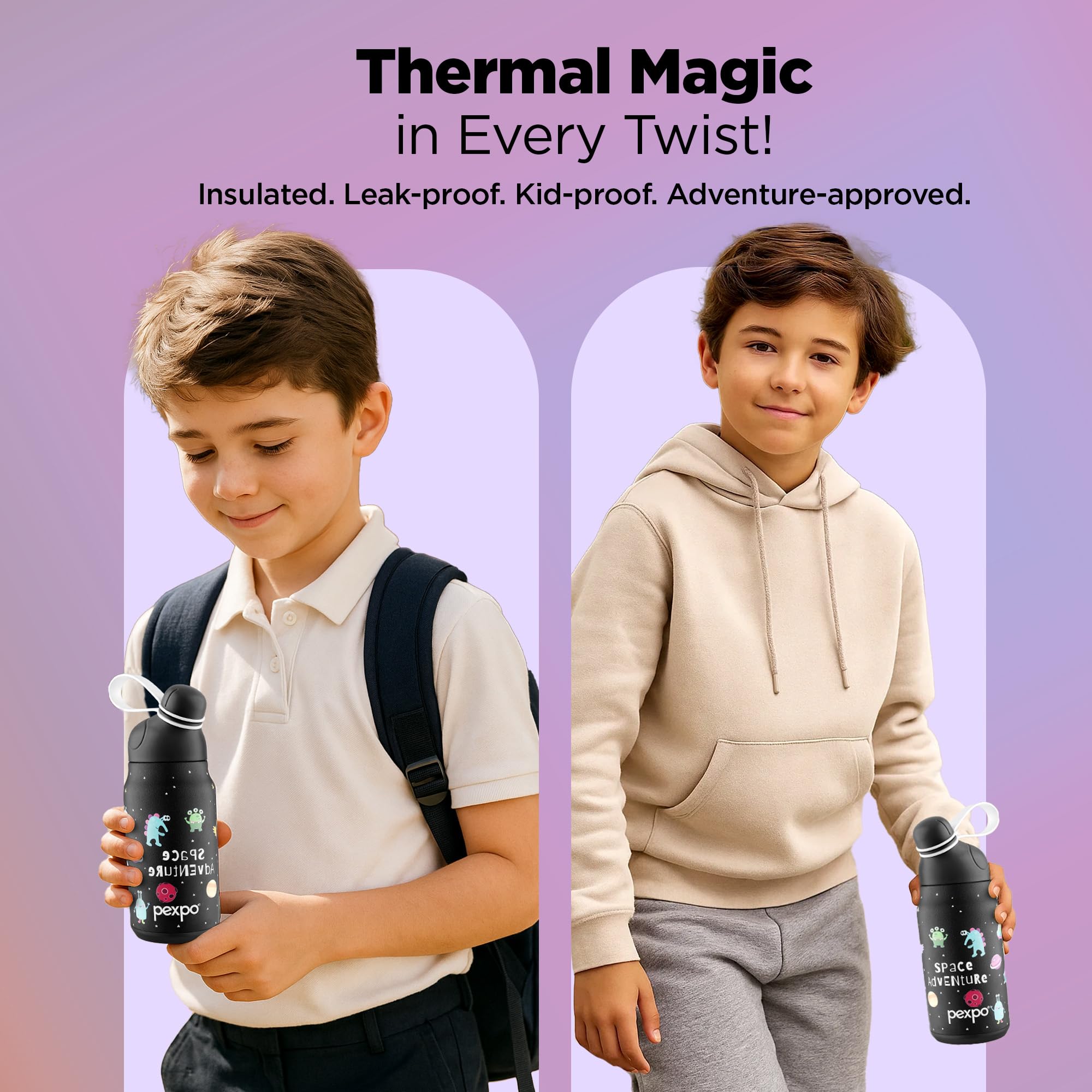 Go24 pexpo Piano 450 ISI Certified Stainless Steel Water Bottle for School Kids - 420ml | 6+ Years Age |Hot & Cold | with Sipper Cap |Double Wall | for Picnic, Outing - Black Space Printed 2