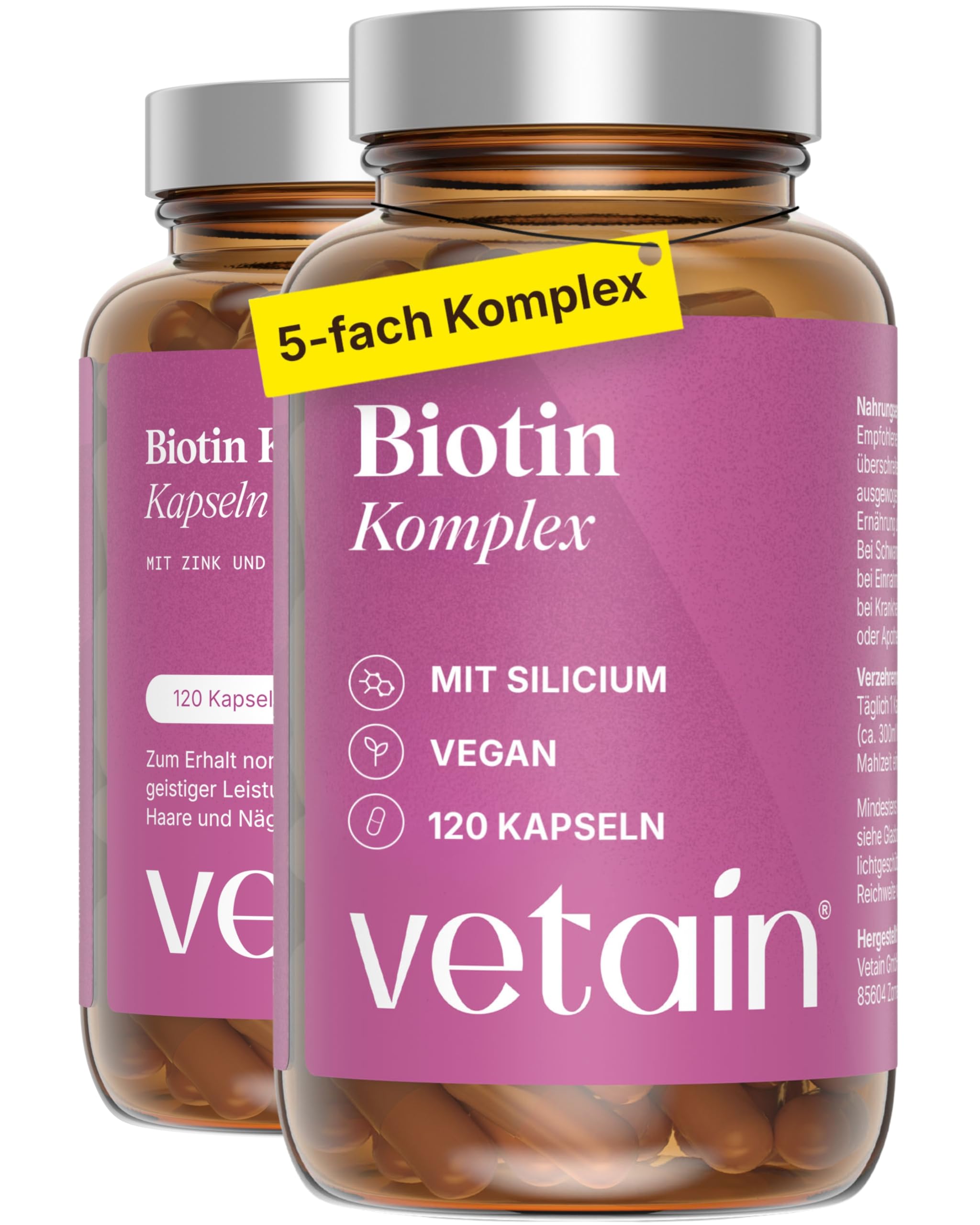 VETAIN Biotin Zink Selen Komplex - Mit Silizium & Vitamin B5-120 Kapseln - hochdosiert mit 5.000µg Biotin - Für Haare, Haut & Nägel - vegan & ohne Magnesiumstearat - 2er Set