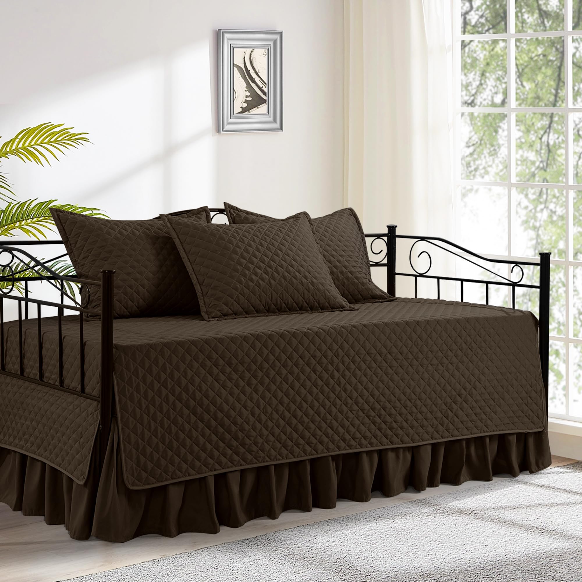 HOMBYS Daybed Cover Sets- Diamond Stitching Daybed Bedding Set, All Season Cozy Bedding with Bedskirt with Shams, Microfiber Filling, 5 Pieces, Coffee