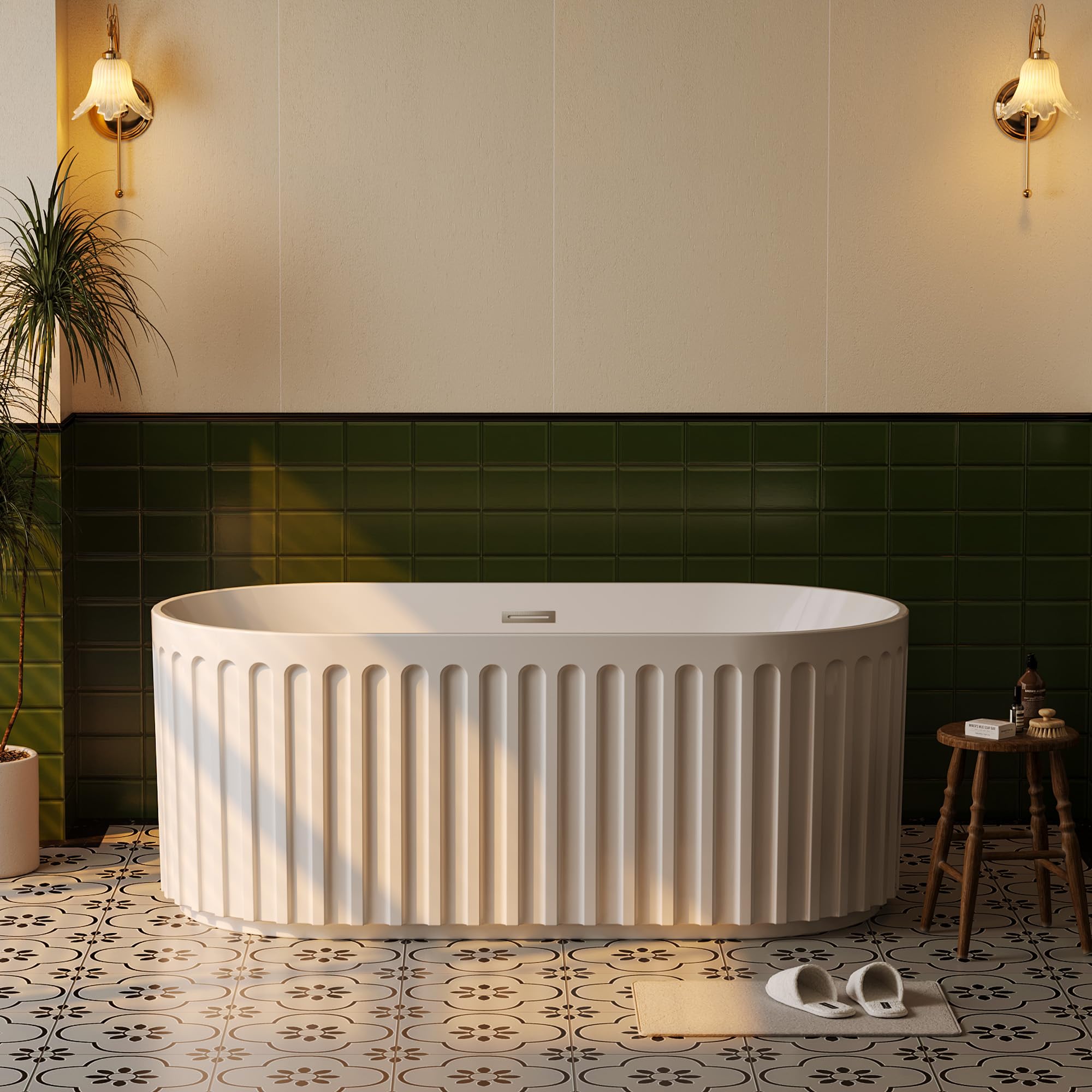 GarveeLife Freestanding Bathtubs 59 inch Glossy White Acrylic Soaking Tub – Modern Striped Freestanding Bath Tub with Overflow, Pop-Up Drain &amp; Hidden Drainage for Home Spa and Bathroom Upgrade