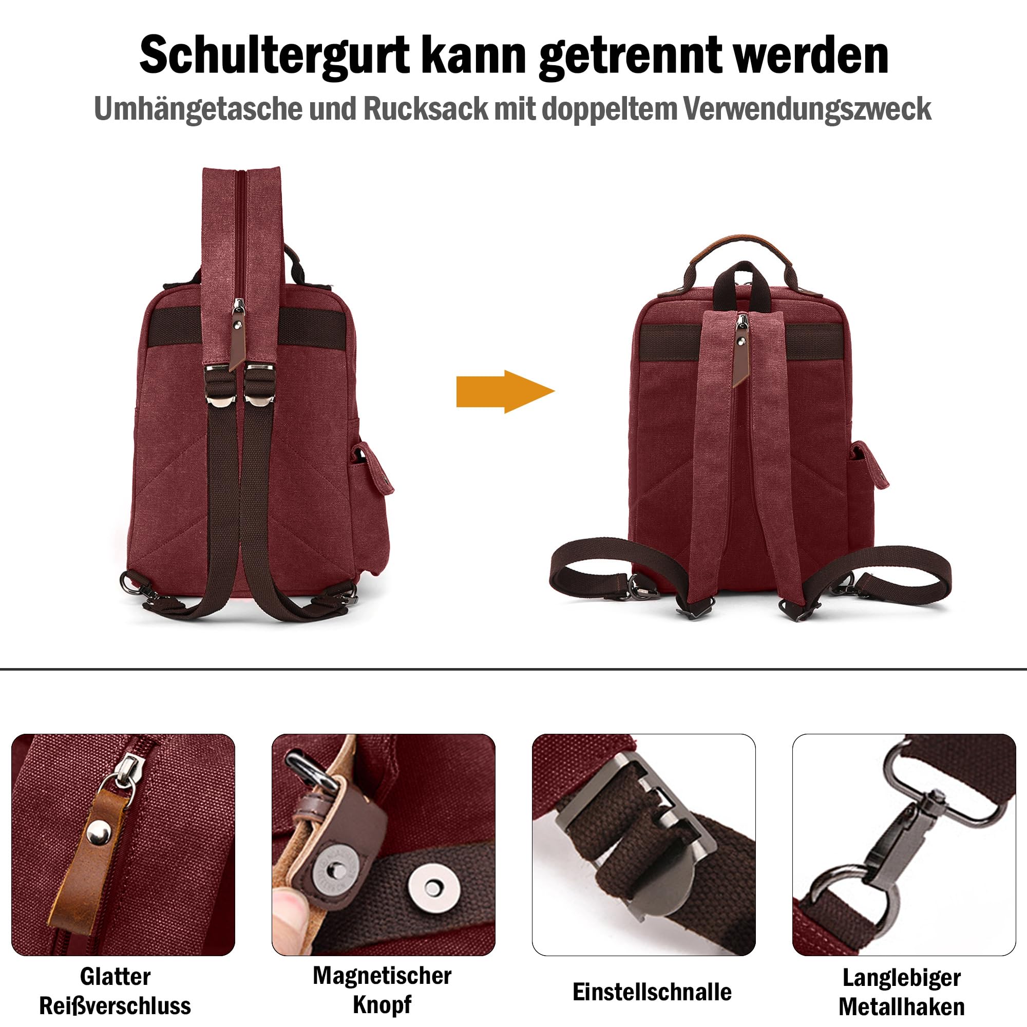 Herren Rucksack Klein Tagesrucksäcke Mode Brusttasche Sling Bag Leinwand Schultertaschen Kuriertasche Männer Sporttasche Casual Reise Schule Schultertasche Rucksack Rot