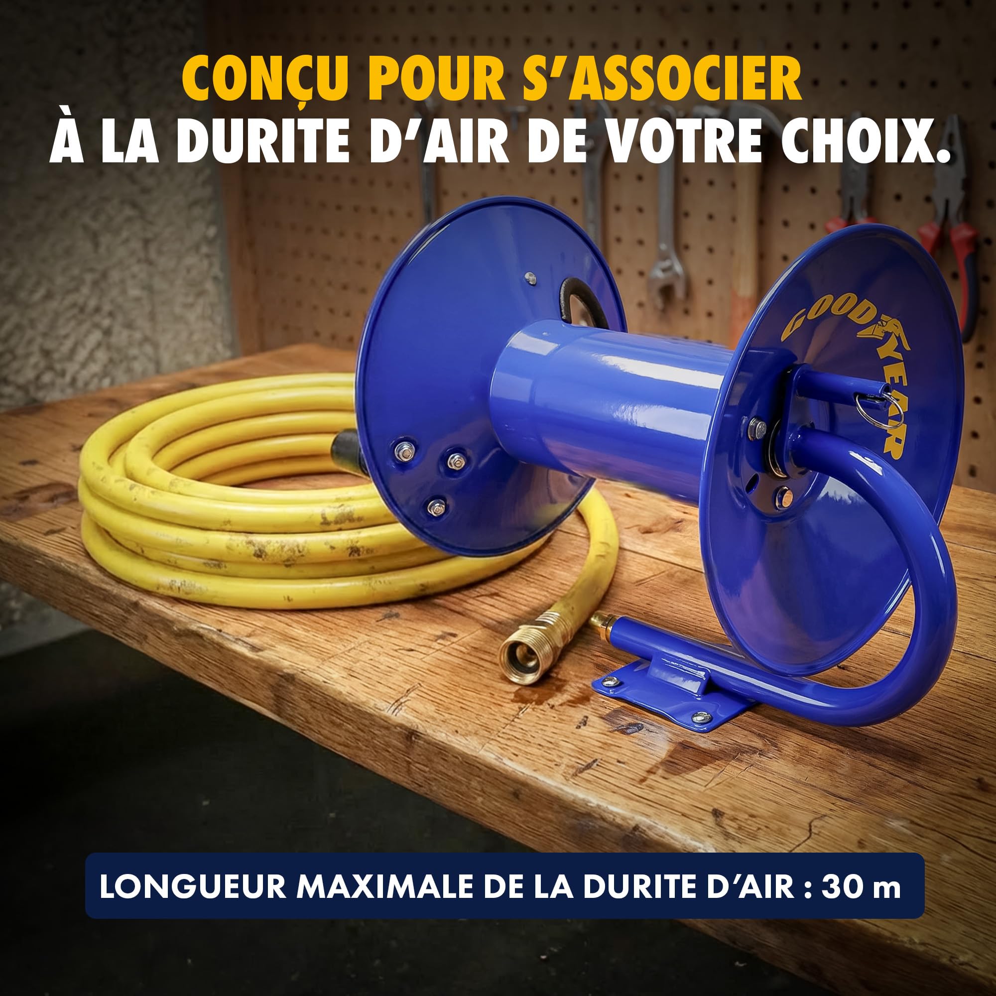 Goodyear Enrouleur de tuyau à manivelle, capacité 9,5 mm x 30 m, 20 bar | Rembobinage manuel; conçu pour garage, atelier et espaces industriels; tuyau non inclus