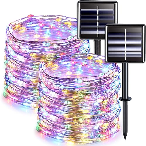JMEXSUSS Paquete de 2 luces solares de Navidad impermeables para exteriores, 33 pies, 100 luces LED solares de 8 modos de alambre de cobre