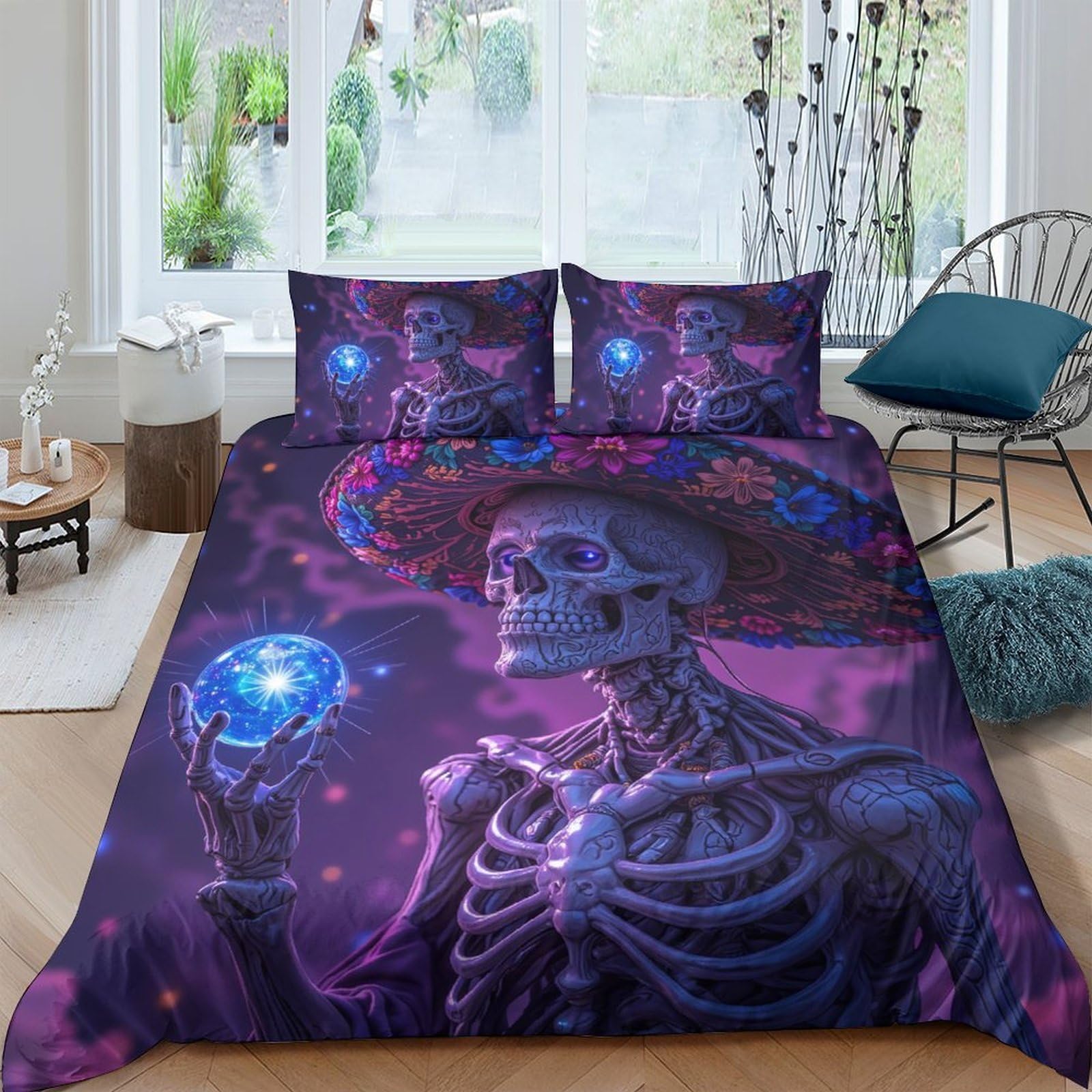 Ctjqhvkz Style-8 3D Printed Purple Skeleton Fitted Sheet Microfiber Soft Bedroom Decor Cosmic Skull Mattress Cover Anti-Slip Machine Washable Single（135X200cm）