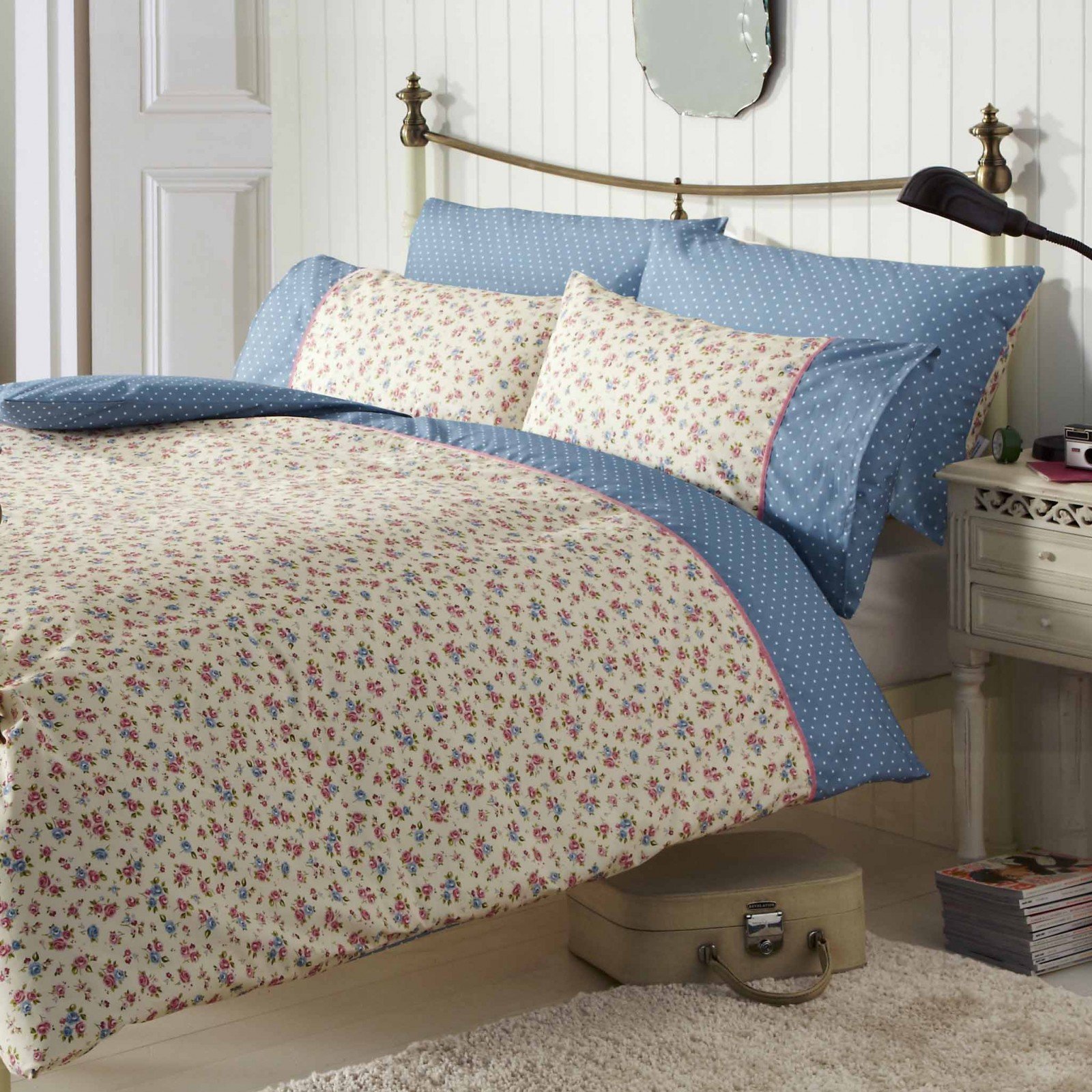 VANTONA Amelie - King Duvet Cover Set, Blue, Floral, Vintage