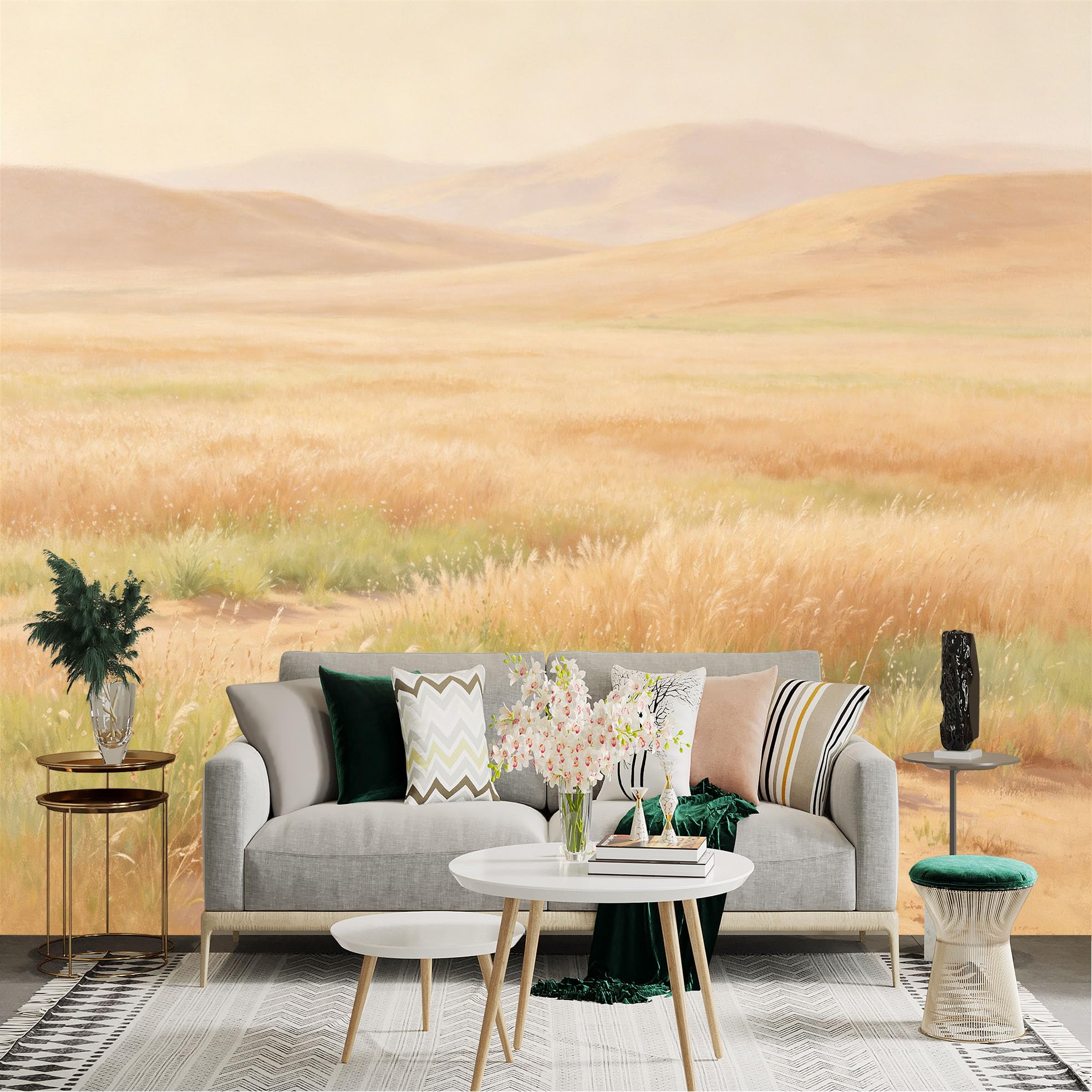 Lnzczhyre Dbh260521379 Custom Size Wall Sticker Mural， Golden Desert Landscape， Vast Sandy Plains， Sunlit Meadow， Soft Hazy Horizon， For Wall Decoration， Peelandstick Wall Decals.