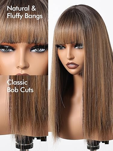 Miniatura 4 de Allbell Peluca de reflejos rubios mezclados con marrón para mujeres negras, pelucas rectas con flequillo con raíces oscuras para uso diario