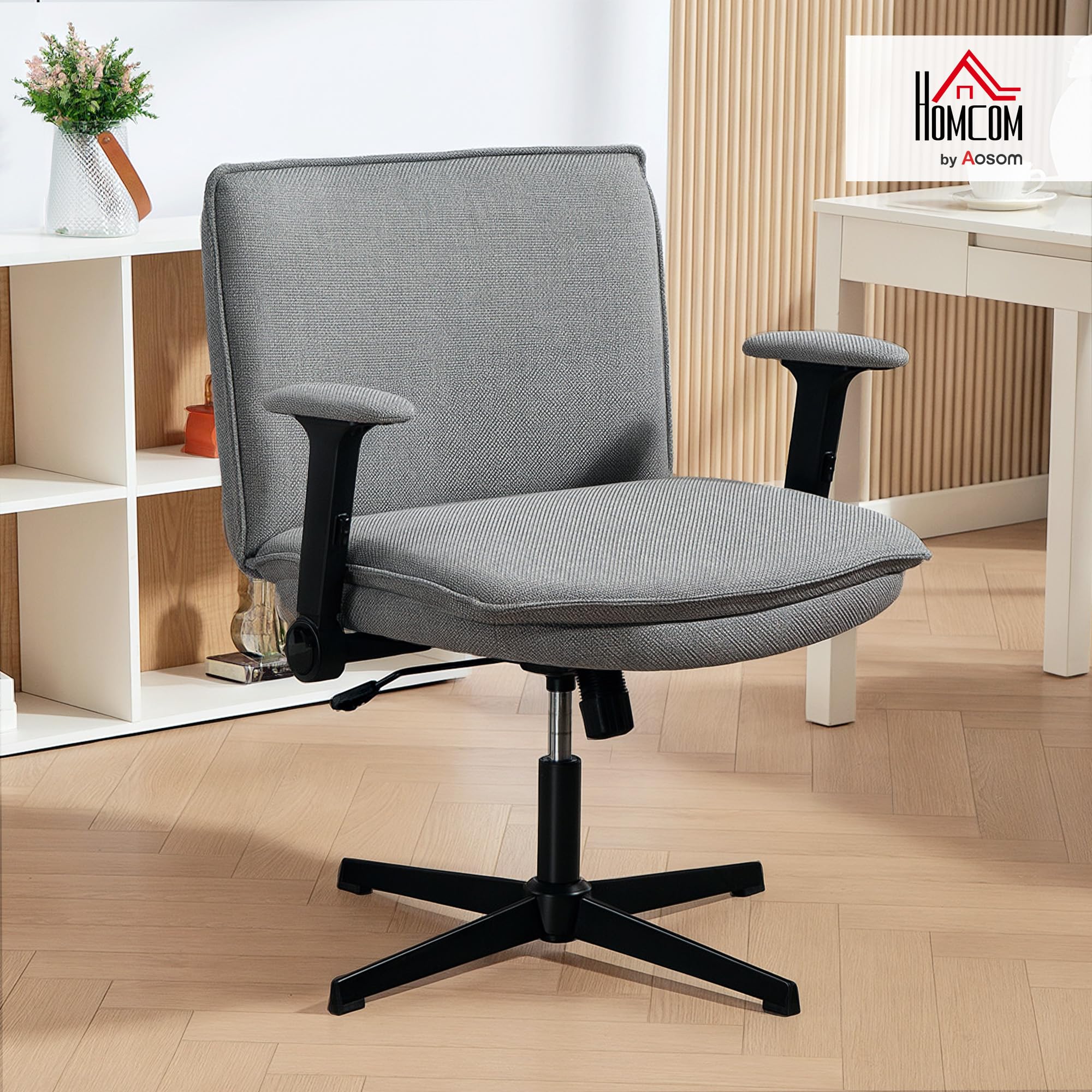 HOMCOM Bürostuhl Schreibtischstuhl mit Hochklappbaren Armlehnen Grau | Breite Sitzfläche, Höhenverstellbar, Schneidersitz Stuhl, Drehstuhl, Leinenoptik, für Home-Office