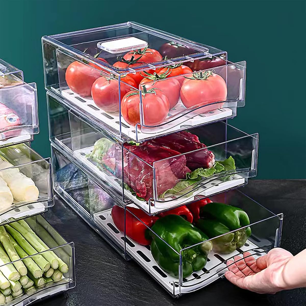 Diskary Organizador para nevera, contenedores apilables para almacenamiento de alimentos, organizador de cajones para nevera en casa, cocina, barbacoa, restaurante, sin BPA (2 cajones, grande)