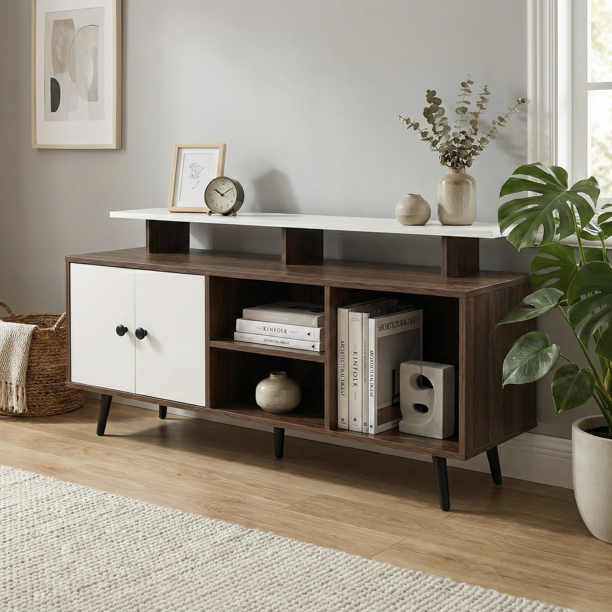 Icon TV Entertainment Unit with Elevated Soundbar Shelf & Storage Cabinet, Modern Media Console for Living Room up to 55 Inch TV, 140x40x64cm (Dark Oak & White)-image-28