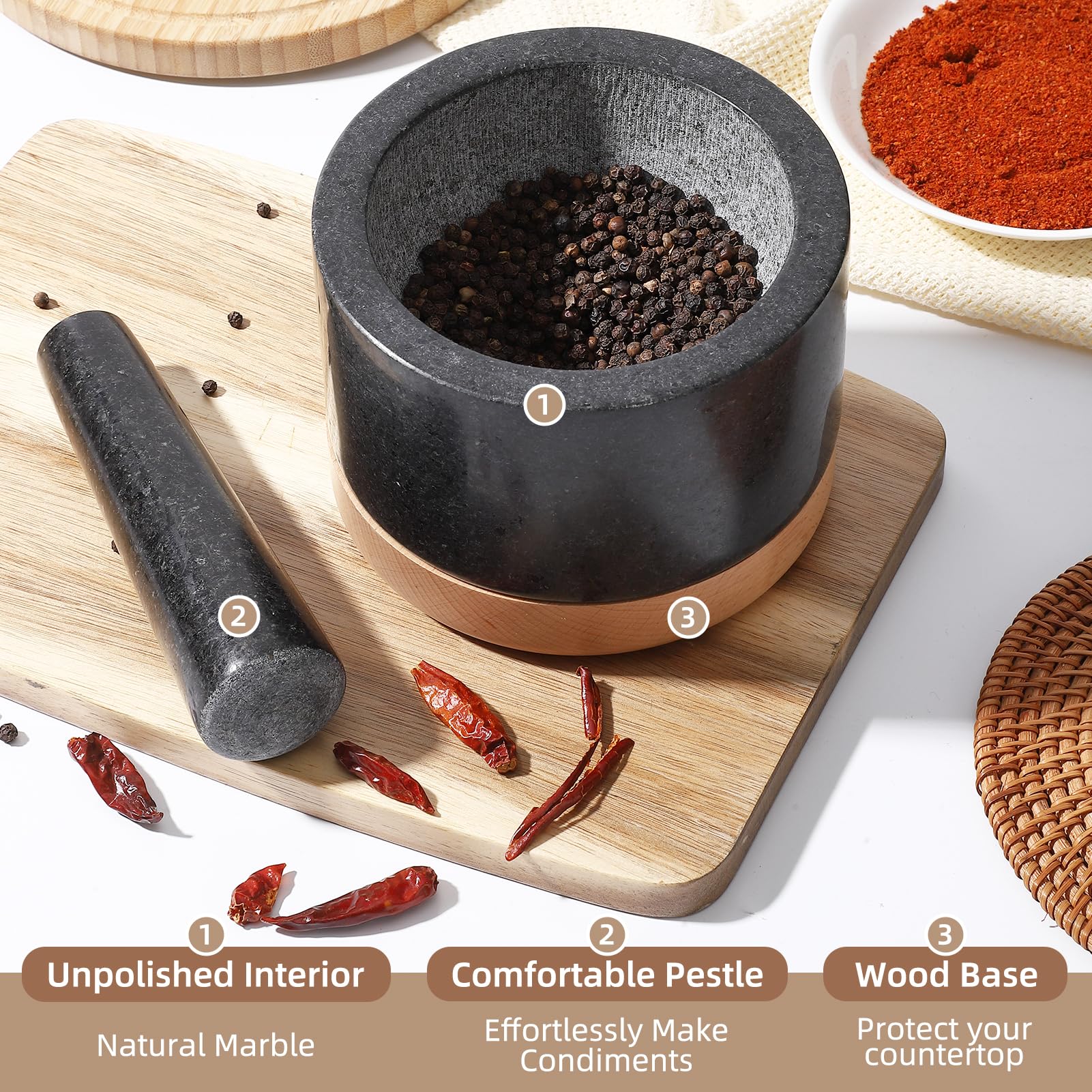 Juego de mortero y mortero con base de madera, cuencos de granito para guacamole, cuenco de aguacate pulido sin arañazos, especias de cocina y condimentos, accesorios de cocina