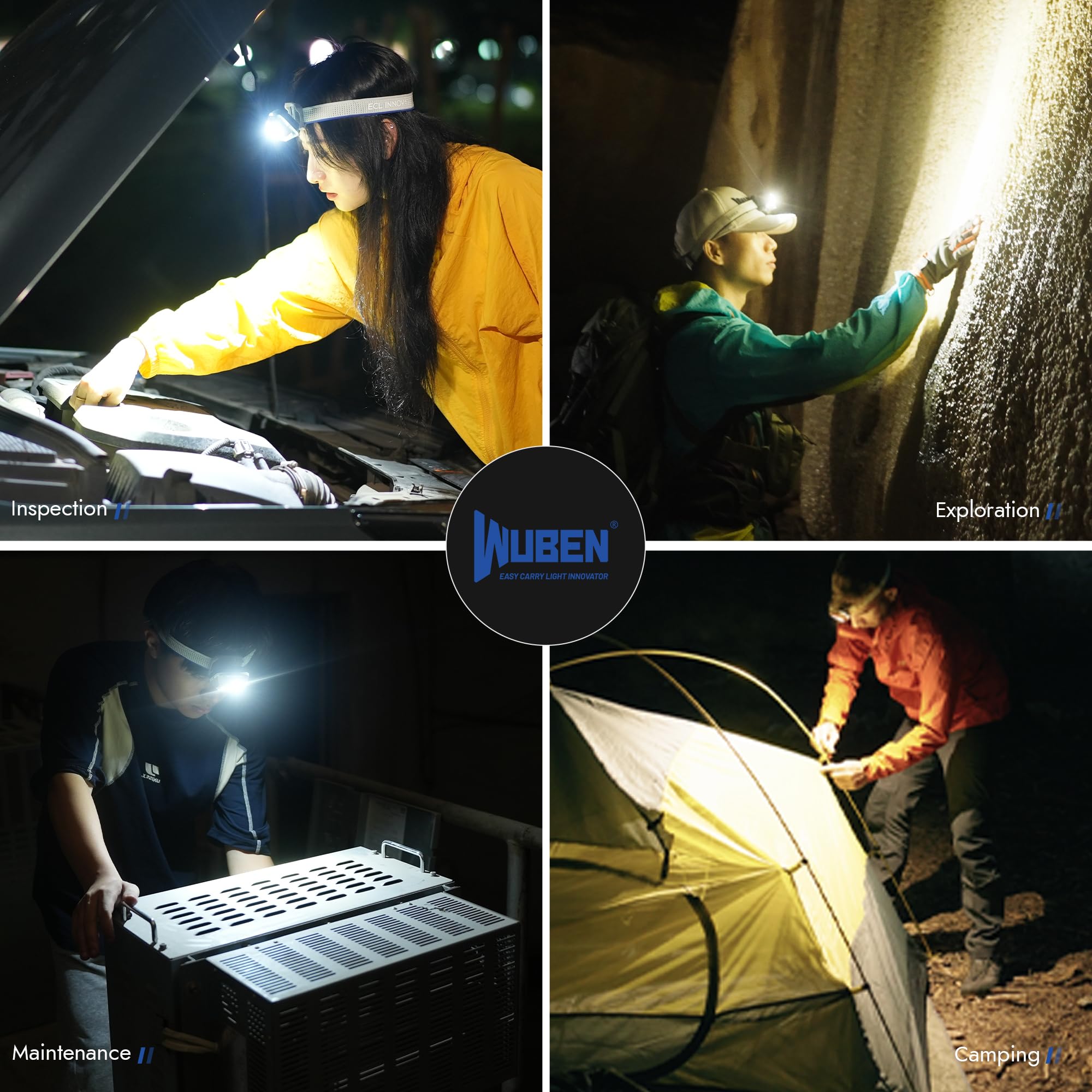 WUBEN Linterna frontal H4 recargable, 800 lúmenes, linterna frontal impermeable IP68 con sensor de movimiento, linterna frontal con 10 modos con luz roja, para camping, correr, pesca y senderismo