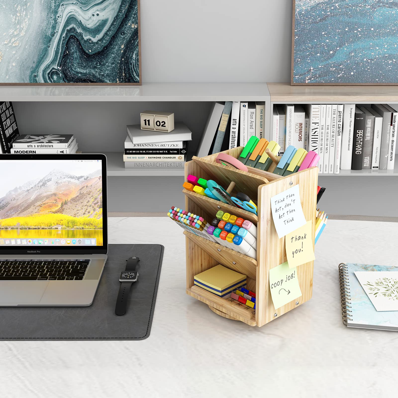 Darfoo Schreibtisch Organizer aus Bambus - Drehbar Stifthalter für Büro, Zuhause und Schule (Bambus)