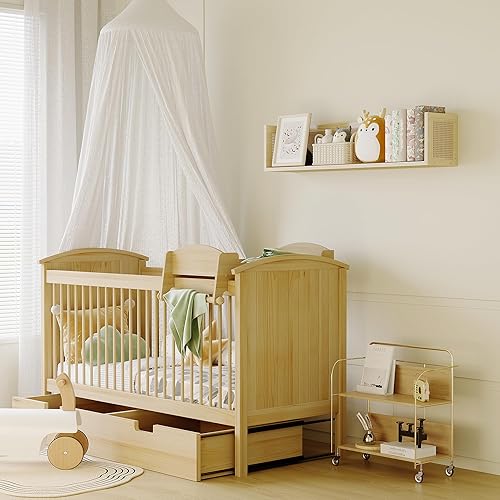 Miniatura 4 de Estante de pared de ratán – Estante flotante de mimbre de madera de pino natural de 36 pulgadas de largo para decoración neutra de guardería y sala