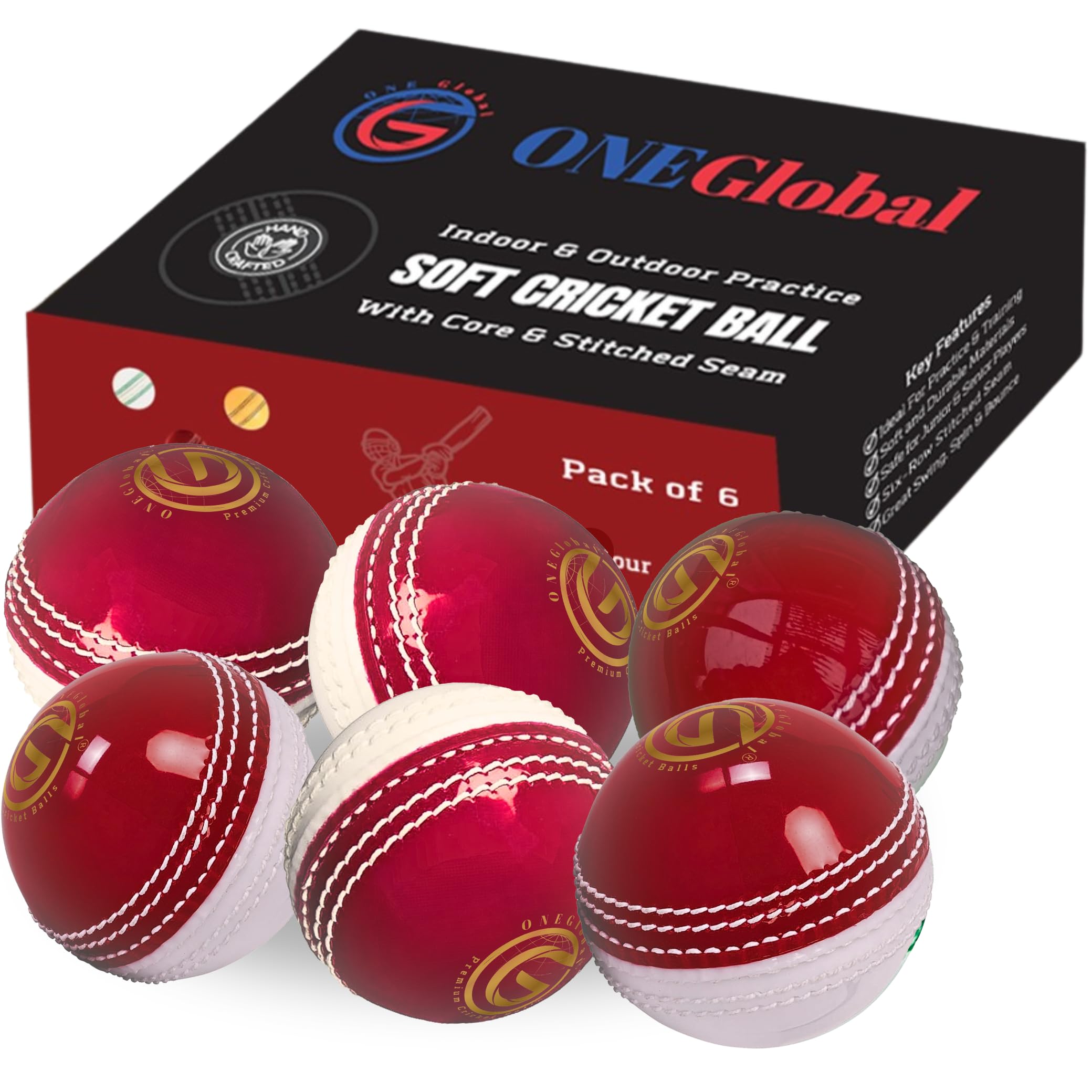 ONEGlobal Incrediball Soft Practice Cricket Ball | Outdoor & Indoor Rubber Cricket Ball With Core & Stitched Seam | For Practice, Training & Family Fun | Senior & Junior Size (6 Red&White, Senior)