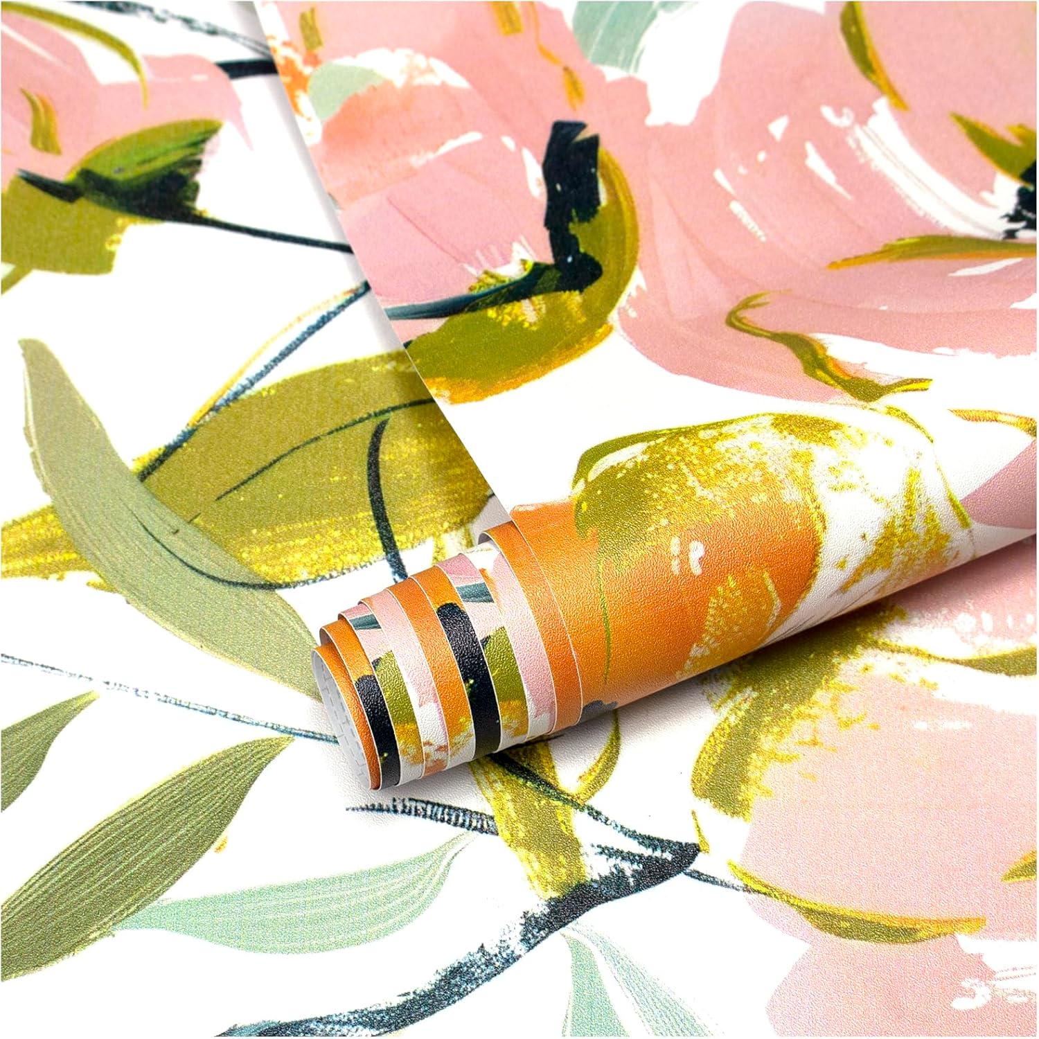 Floral Peel and Stick Wallpaper, Peony Renter Friendly Contact Paper for Cabinet, Shelf Liner and Drawer, Boho Removable Accent Wall Decor for Kitchen and Bathroom, White/Pink/Orange, 17.5” x 118”