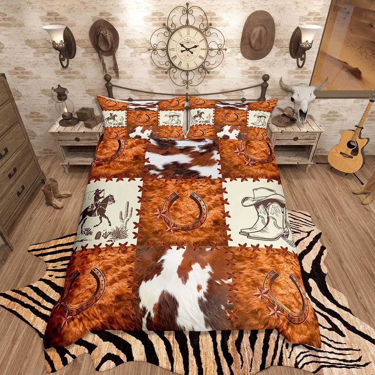 Loussiesd Brown Cowhide Patchwork Duvet Cover Set Double Size For Kids Boys Girls Western Cowboy Bedding Set Animal Cow Print Duvet Cover with 2 Pillowcases Cowboy Boots Bedding โ image 1