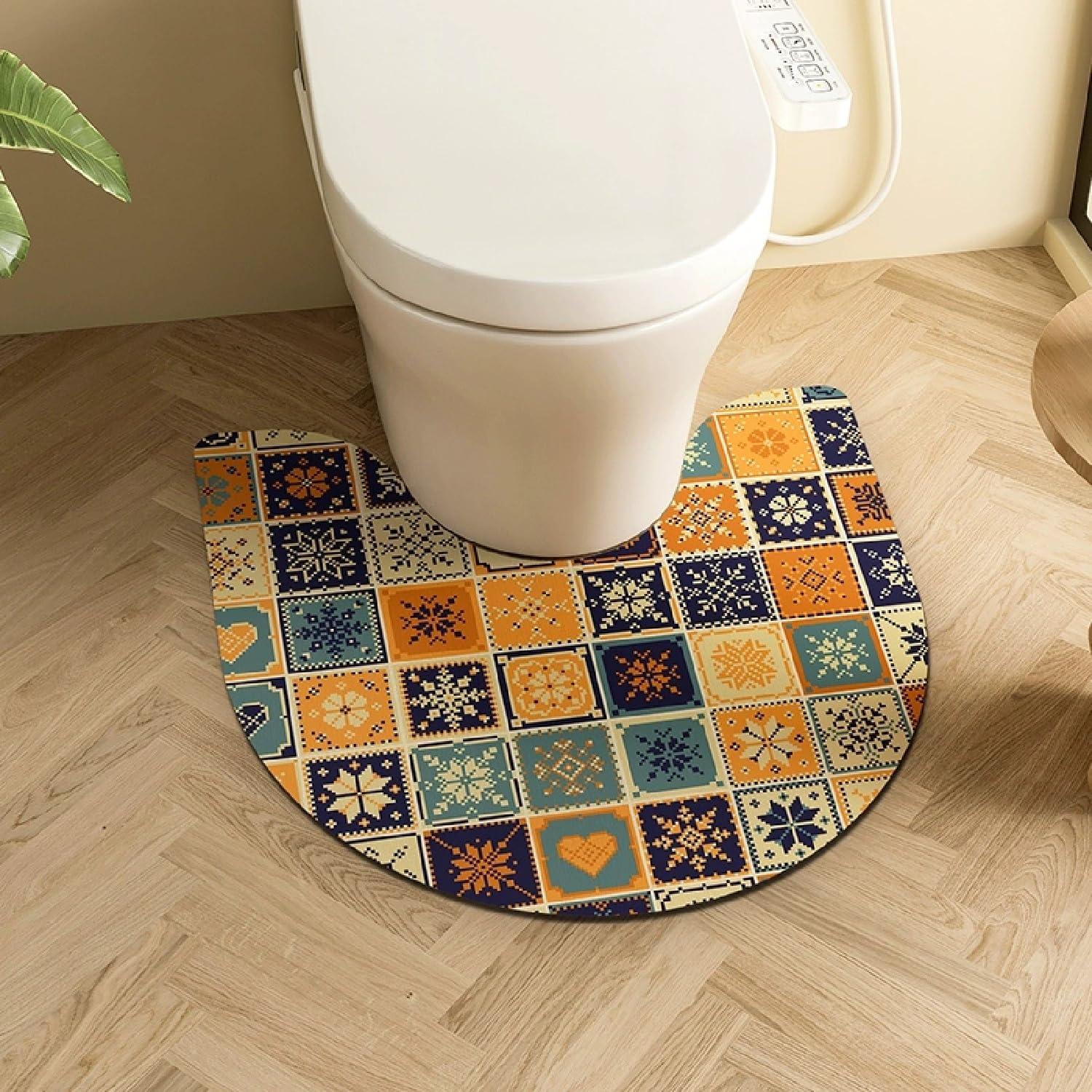 Pedestal Mat U Shape for Toilet, Retro Ethnic Style Bohemian Flower Pattern Absorbent Quick Dry Non Slip Toilet Floor Mat Diatomite Bath WC Rug Washable Easy To Clean for Bedroom (COLOR 13,55x60cm)