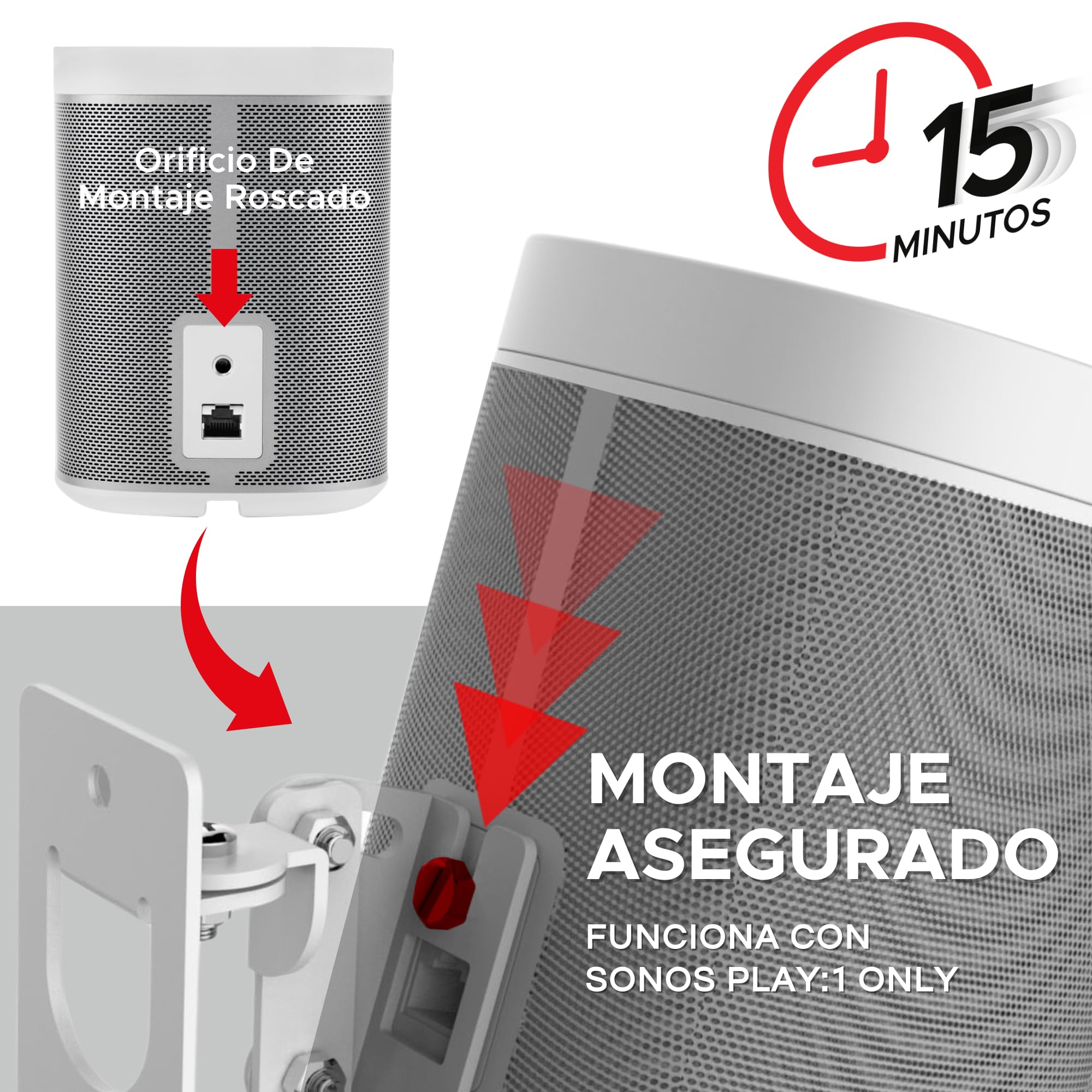 2 x Sonos Play:1 Montaje de Pared (No Compatible con Sonos One), Ajustable con Mecanismo de Giro e Inclinación, Soporte Individual para Altavoz Play 1 con Accesorios de Montaje, Blanco, Paquete