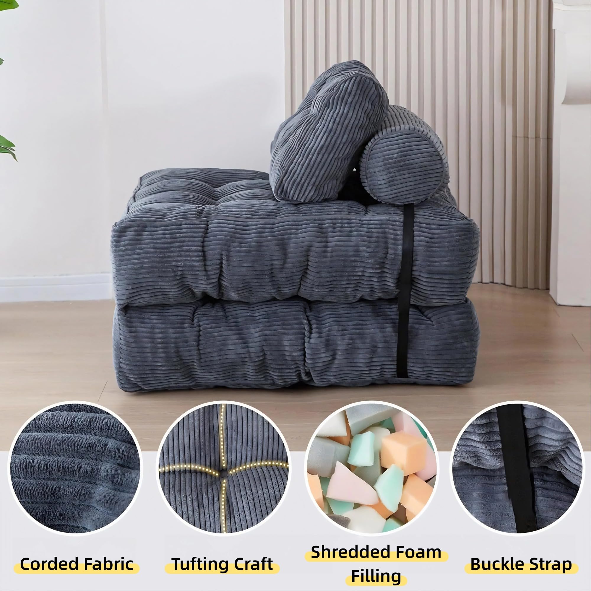 Składana Sofa, Sztruksowa Kanapa Podłogowa, Wspierająca Rozdrobniona Pianka, Bez Montażu, Oszczędzająca Miejsce, Regulowane Rozkładane Krzesło do Sypialni w Salonie(Color:Trawiasta zieleń)