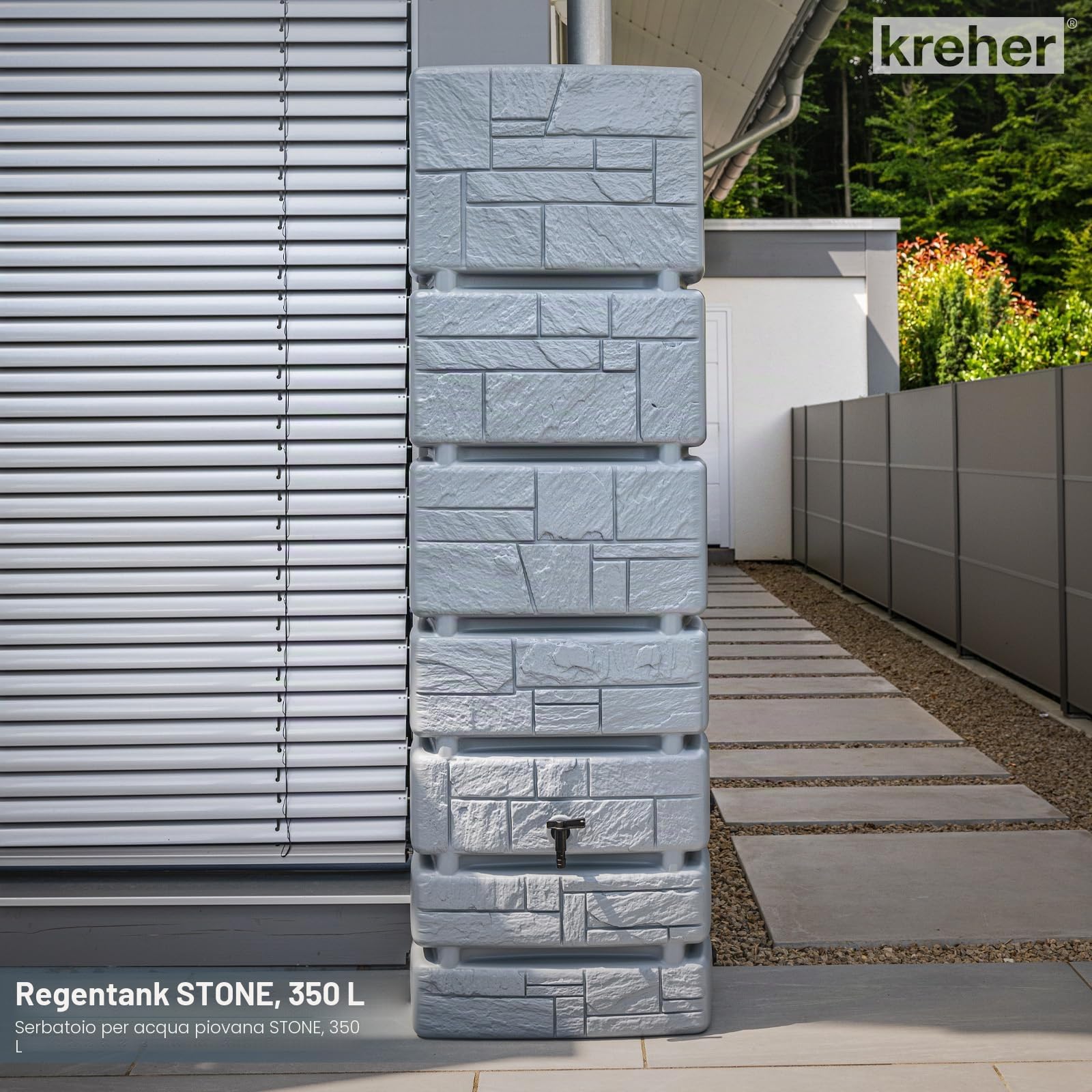 Kreher Boccetta XXL Tower Stone con rubinetto. Grande effetto pietra antracite o grigio, capacità di utilizzo 350 litri. Dimensioni (LxPxA): 57,5 x 38,4 x 180 cm (grigio)
