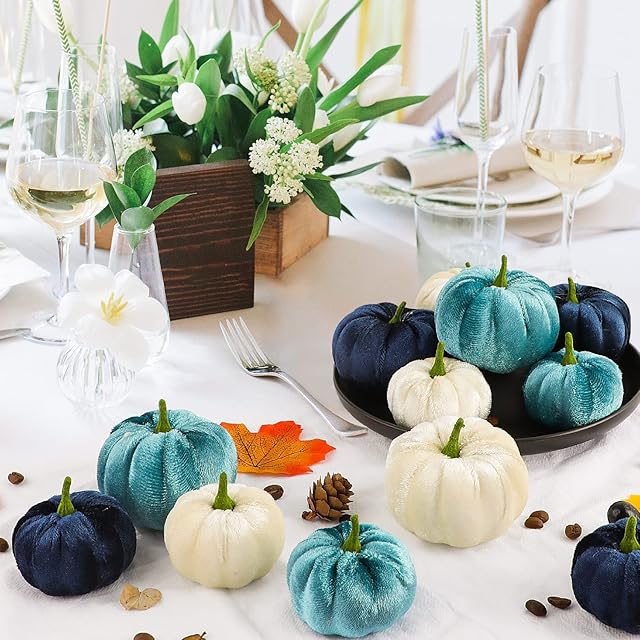 Benjia Pumpkin Fall Decorations 12pcs, Decorative Velvet Fabric Mini Small Outdoor Foam Plastic Fake Faux Artificial Pumpkins for Halloween Autumn Harvest Festival Home Table Decor