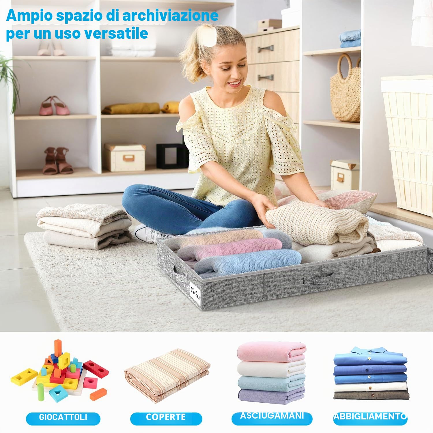 Contenitore sotto il letto, con coperchio, altezza 12 cm, 2 pezzi, pieghevole, lavabile, con 3 maniglie, coperchio con cerniera, per vestiti, coperte
