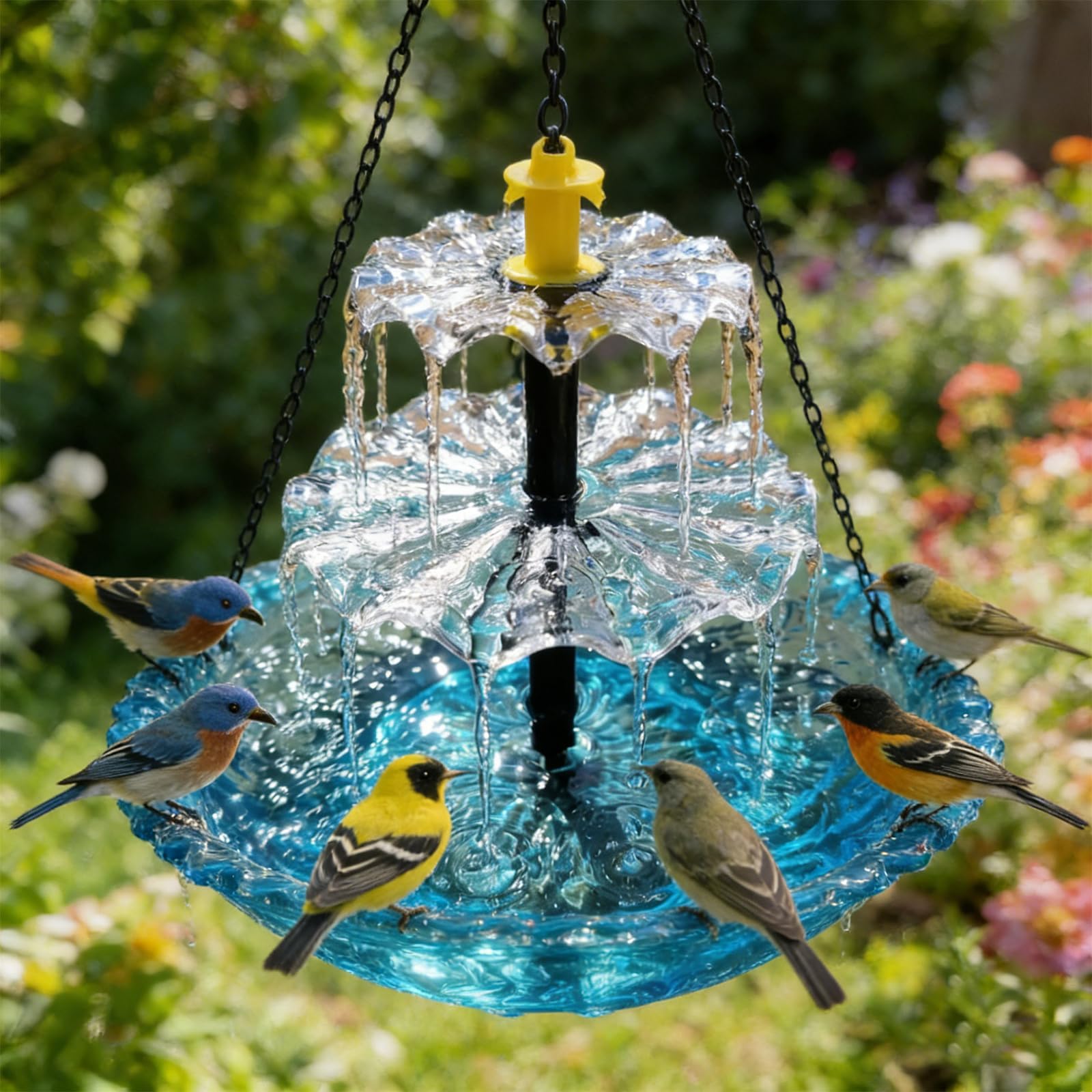 Pipihome Vogeltränke Hängend, Vogeltränke mit Solar Springbrunnen, 3 Stufig Solarbetriebenes Vogelbad mit Metallketten zum Aufhängen für Garten Hof Terrasse Lockt Vögel