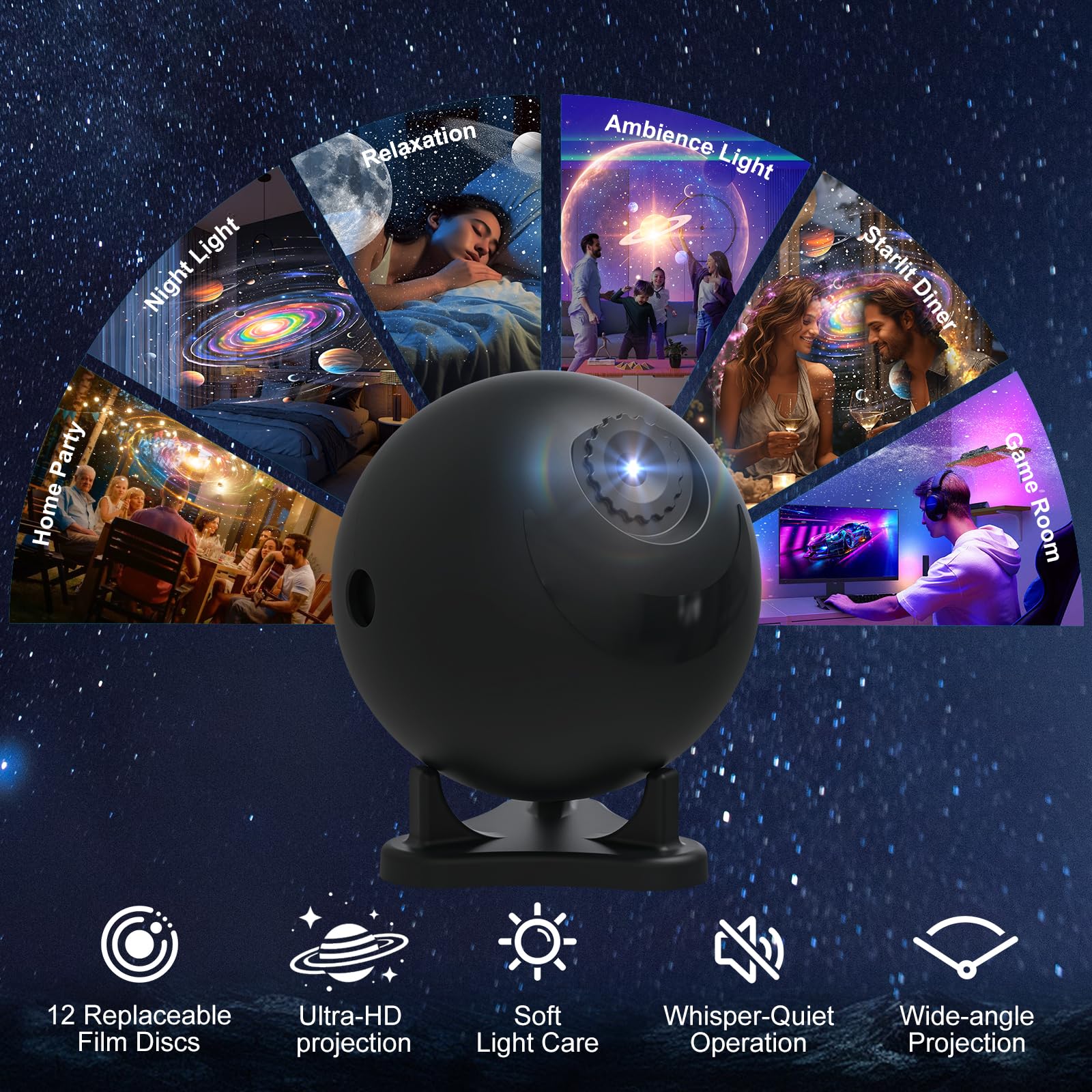 Galaxy Star proiettore luce notturna, 12 dischi pellicola, proiezione ultra HD, silenziosa, alimentazione USB, spegnimento automatico